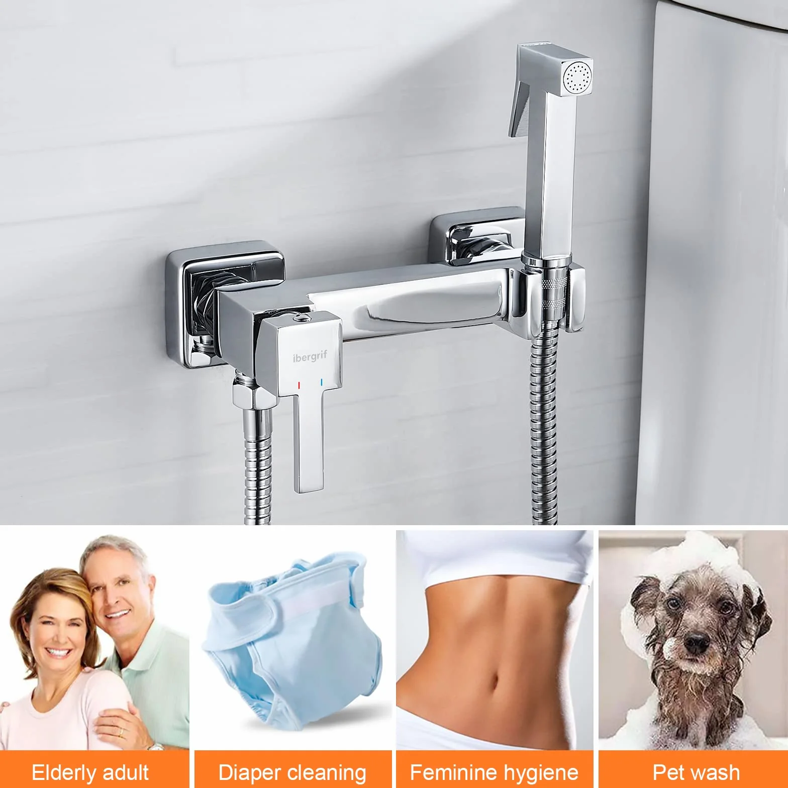 Ibergrif - monomando dla bidet WC, kwadratowy kran prysznicowy do zimnej wody, chrom