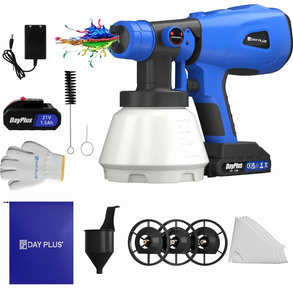 Elektryczny pistolet natryskowy do farby, 21 V, akumulatorowy system natryskowy z 3 wzorami i 4 dyszami, 1000 ml, pistolet lakierniczy HVLP, elektryczny pistolet do lakierowania ścian, sufitów, mebli,