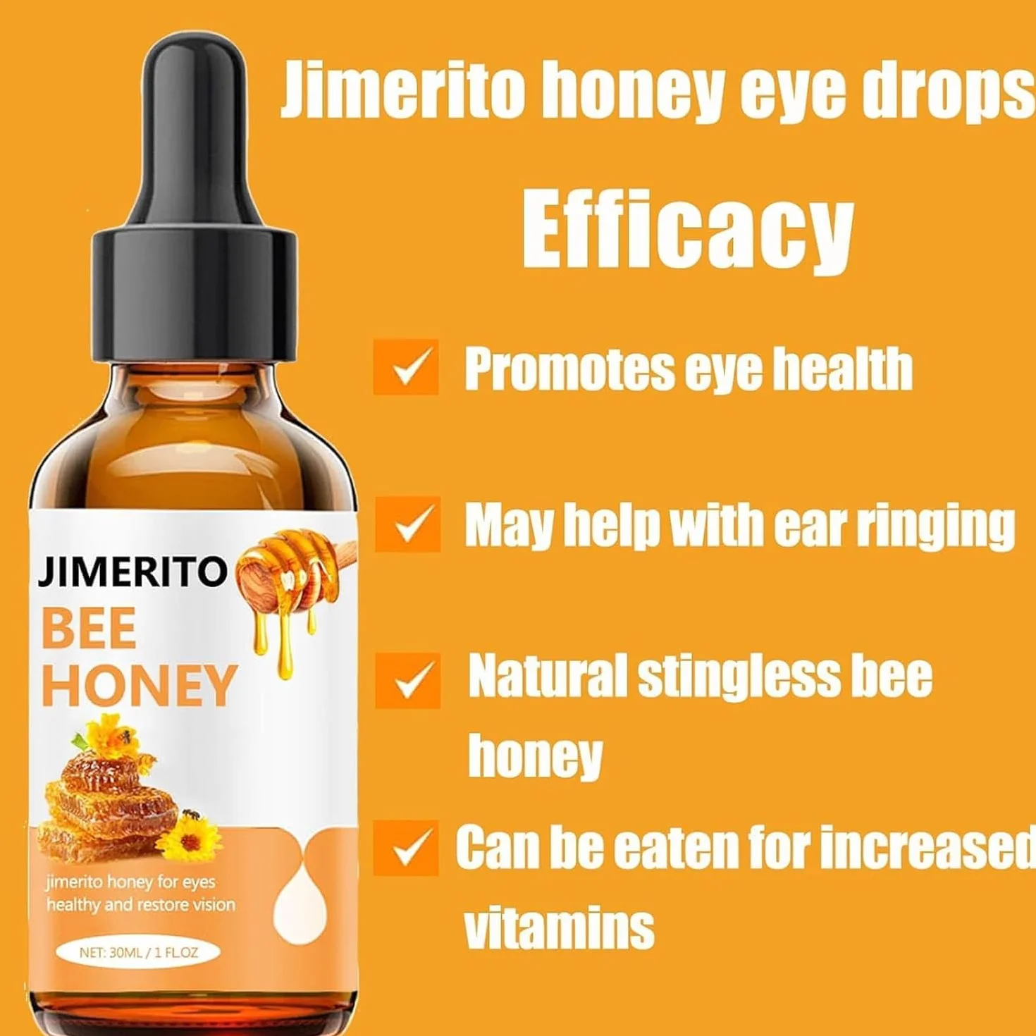 Jimerito Honey for Eye, Jimerito Honey Eyes Drops, Uspokajają I Odżywiają Oczy 100% Naturalnymi Kroplami Do Oczu Z Bezżądłowym Miodem Pszczelim, Dla Oczu, Dla Zdrowia Oczu, Odporności (3 Szt.)