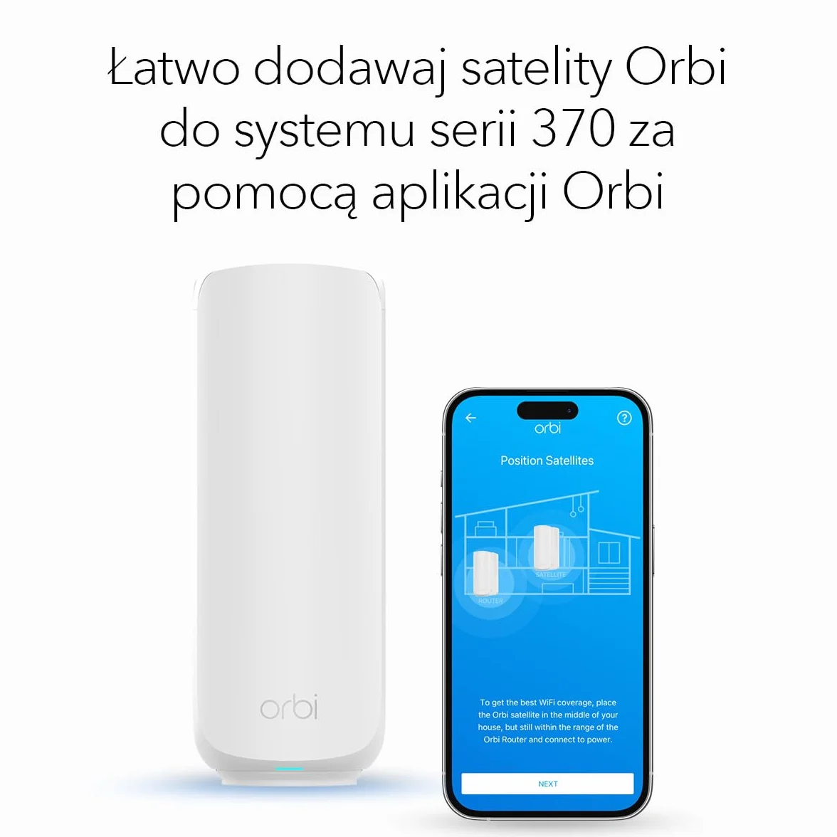 NETGEAR Orbi Dodatkowy satelita Mesh WiFi 7 RBE370 BE3600 3,6 Gb/s 120 m2