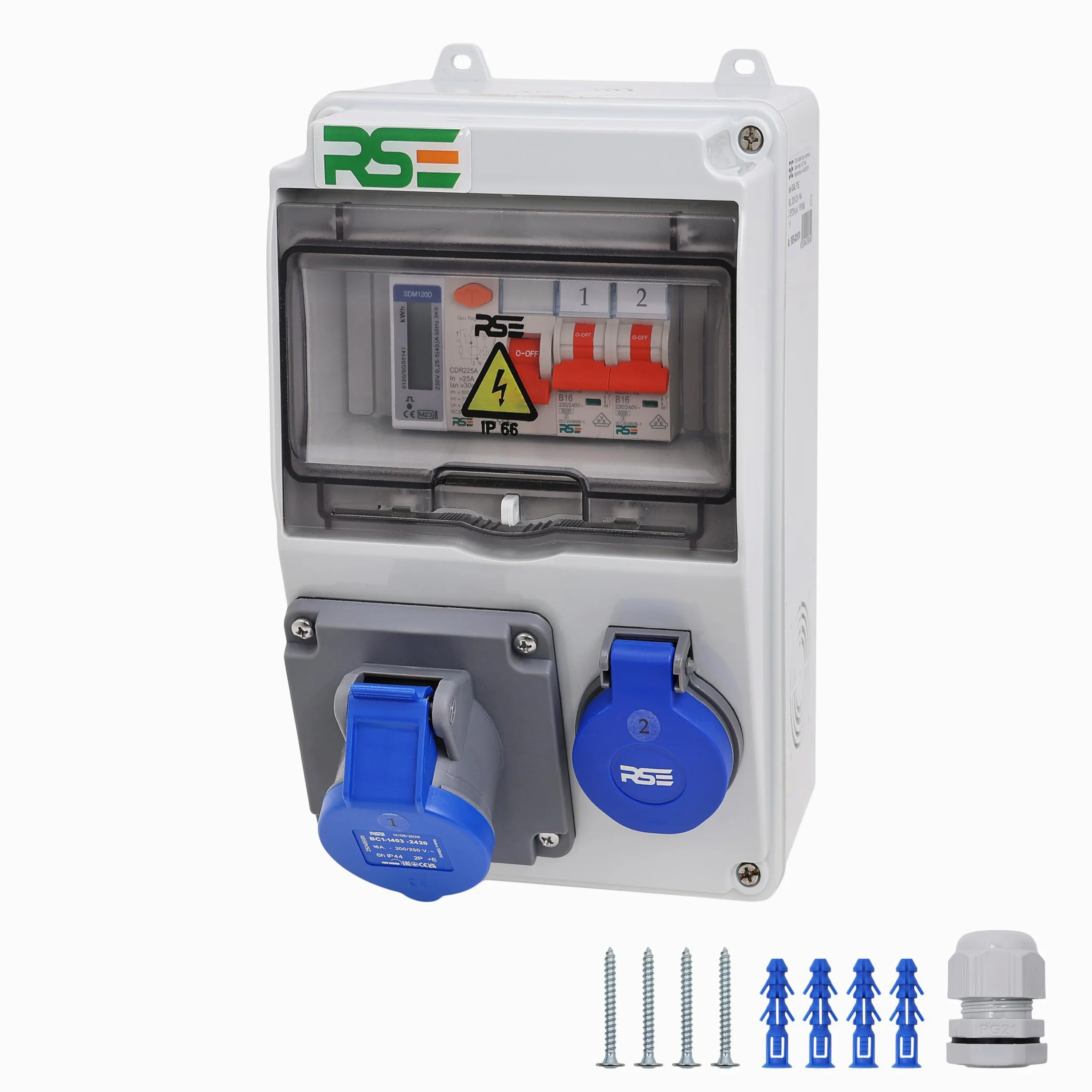 Rozdzielacz kempingowy rozdzielacz ścienny całkowicie okablowany CEE 16 A 230 V z wtyczką kempingową licznik IP65, 3. 1 x 230 V + 1 x kemping + LS+FI + licznik