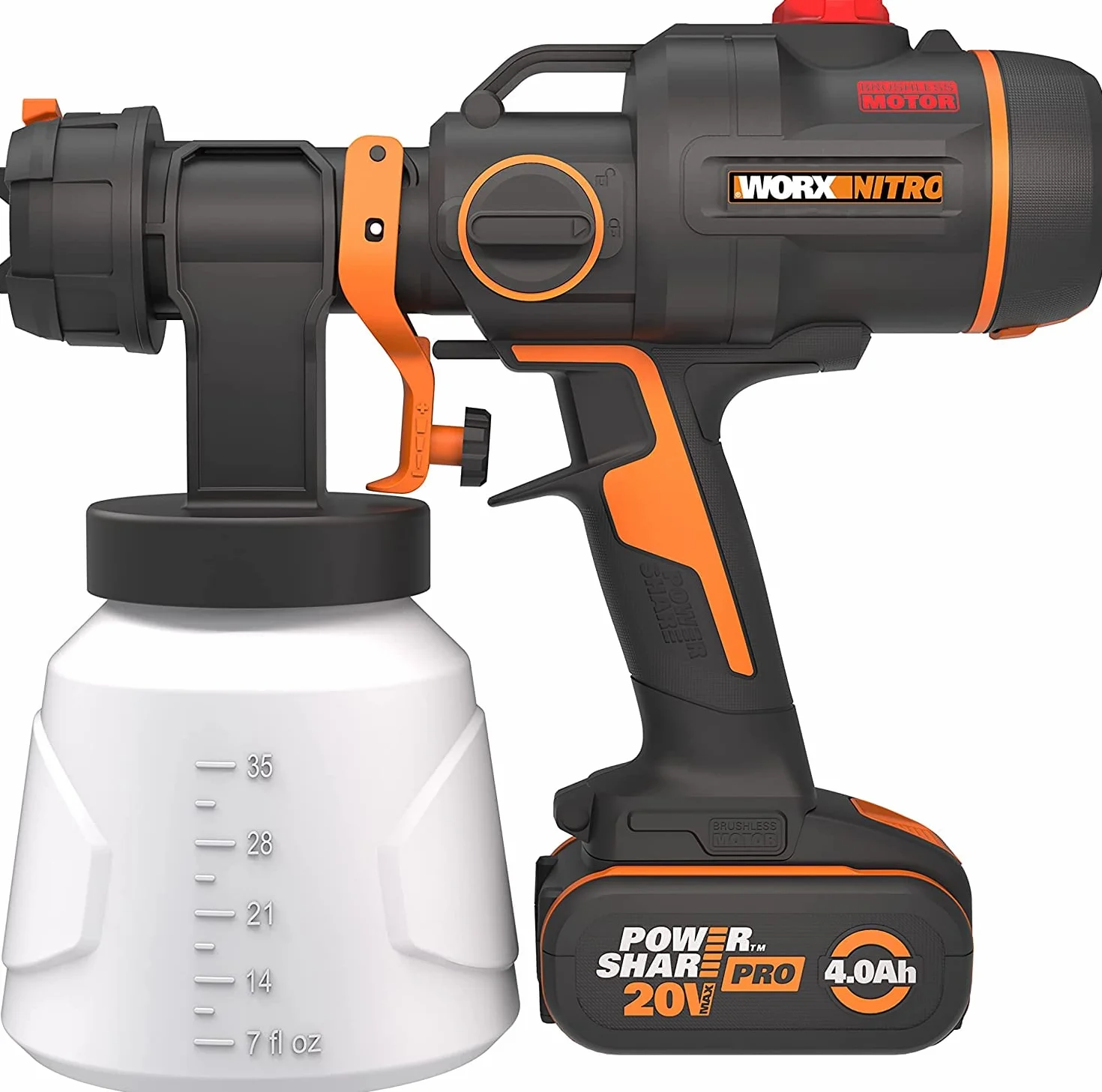 WORX Nitro - Bezprzewodowy pistolet do malowania bezszczotkowy 20 V -2 Ah - WX020 (dostarczany z baterią i szybką ładowarką, pojemnik 1 l, 3 tryby, 4 dysze, łatwe czyszczenie)