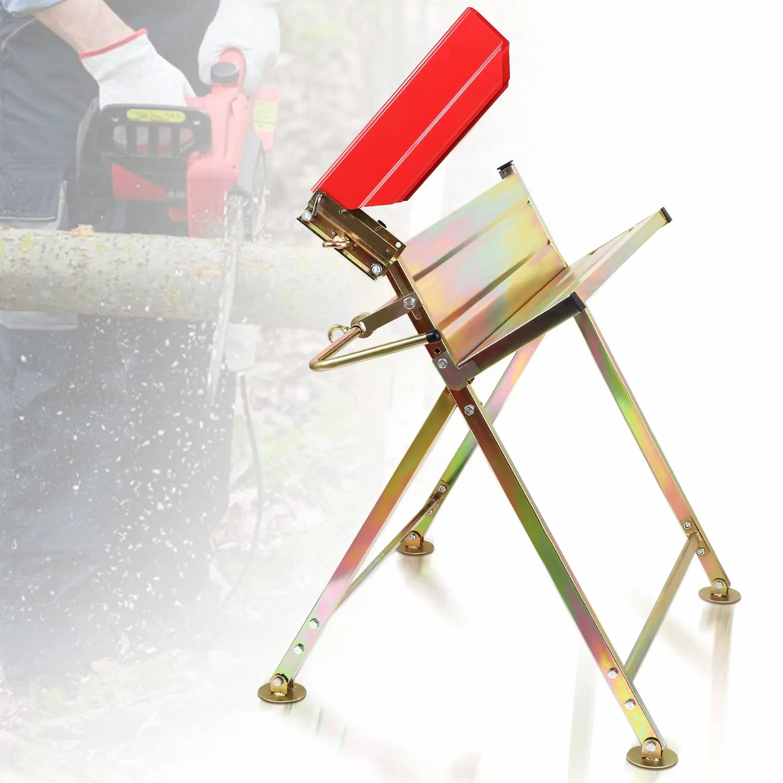 Kozioł do piły z uchwytem do piły łańcuchowej, osłona łańcucha, pręt pomiarowy, składany stojak do piły, obciążenie do 150 kg, stabilne wykonanie, nadaje się do tartaków, warsztatów