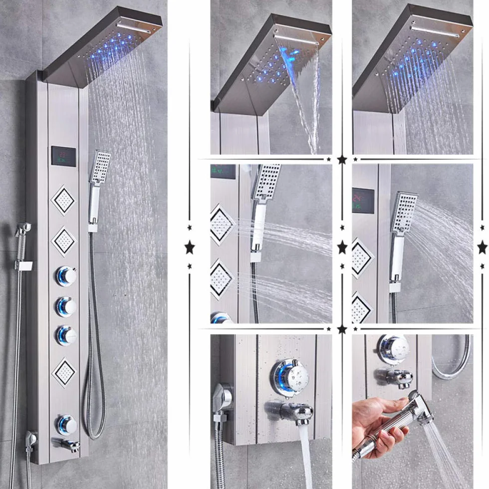 Luksusowa szczotkowana łazienka bateria prysznicowa LED panel prysznicowy kolumna wanna kran mieszający z prysznicem ręcznym ekran temperatury - różowe złoto (szczotkowany nikiel)