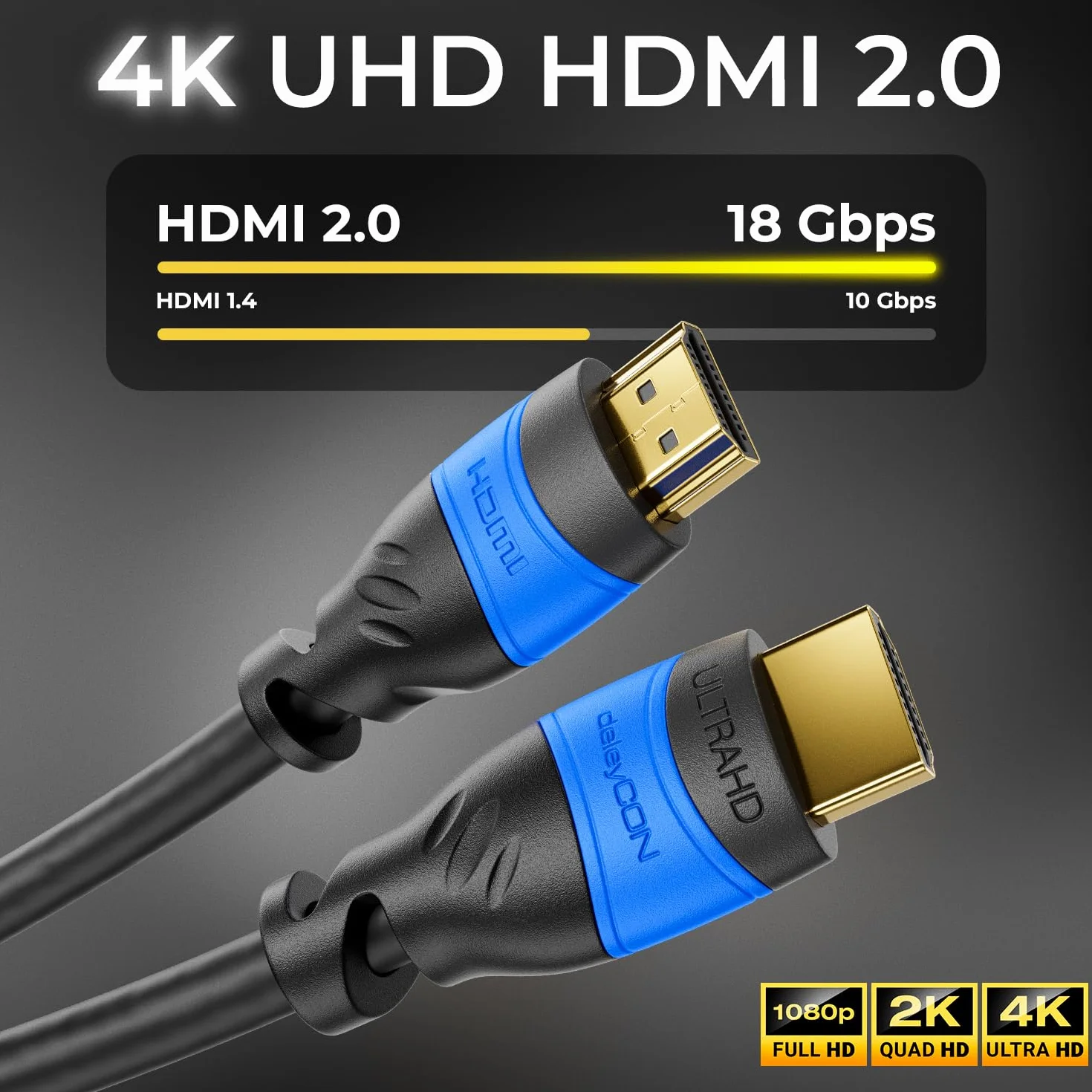 deleyCON 1,5m HDMI Kabel 2.0a/b High Speed z Ethernet UHD 4K 60Hz HDR HDCP 2.2 18Gbps Czarny