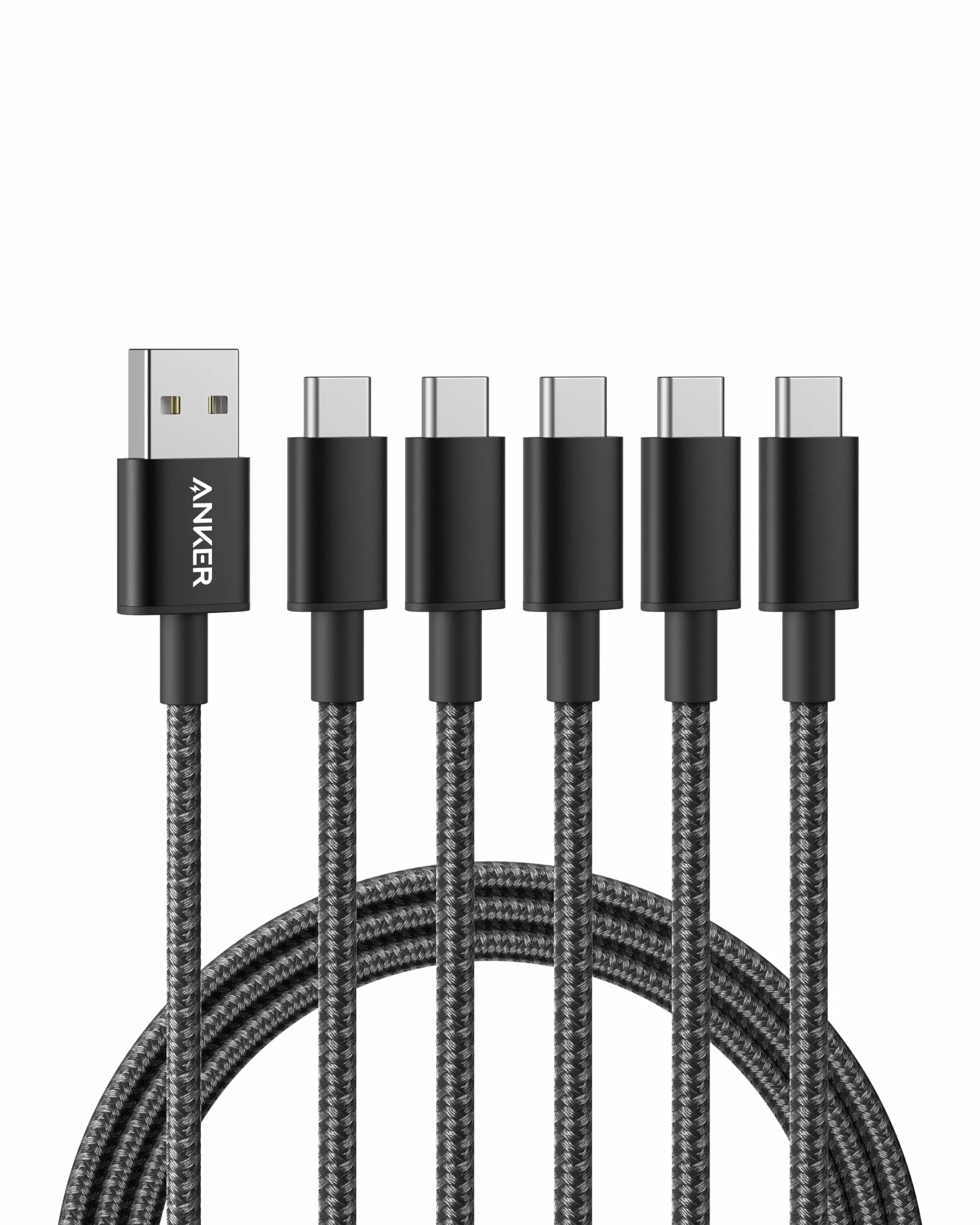 Anker Kabel do ładowania USB-C na USB-A, nylonowy, do smartfonów iPhone 16/15, Galaxy S24/ S23/ S22/ Note 20, 1,8 m, 5 szt.
