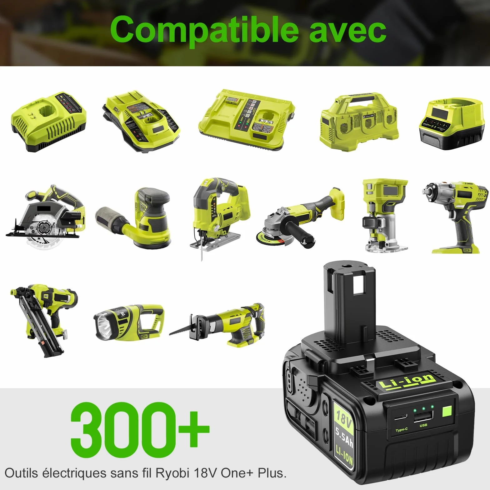 2 x akumulator do Ryobi 18 V 5,0 Ah z portem USB, kompatybilny z systemem One+(P108/P102/P103/P104/P105/P107/P109) i narzędziami bezprzewodowymi Ryobi 18 V