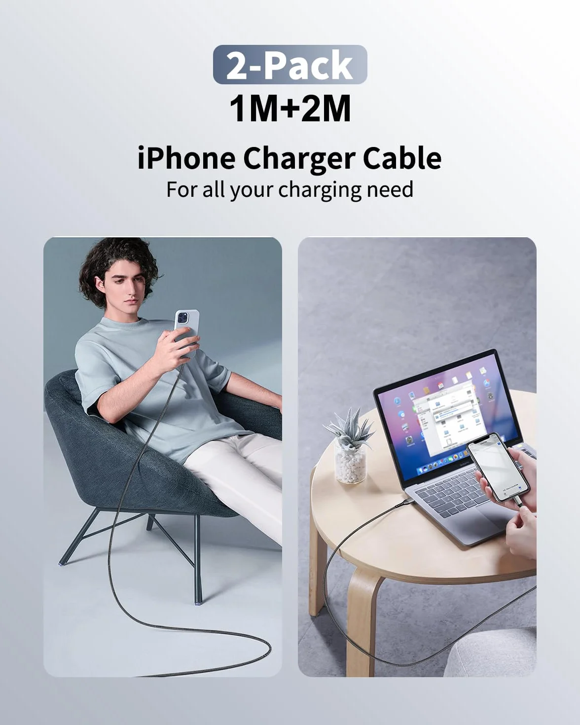 BLITEZZ Kabel do ładowania iPhone'a 1 m + 2 m, 2 sztuki, certyfikowany przez MFi kabel USB do Lightning, szybkie ładowanie, nylonowy kabel do ładowania iPada, przewód do iPhone'a 14/13/12/11 Pro Max