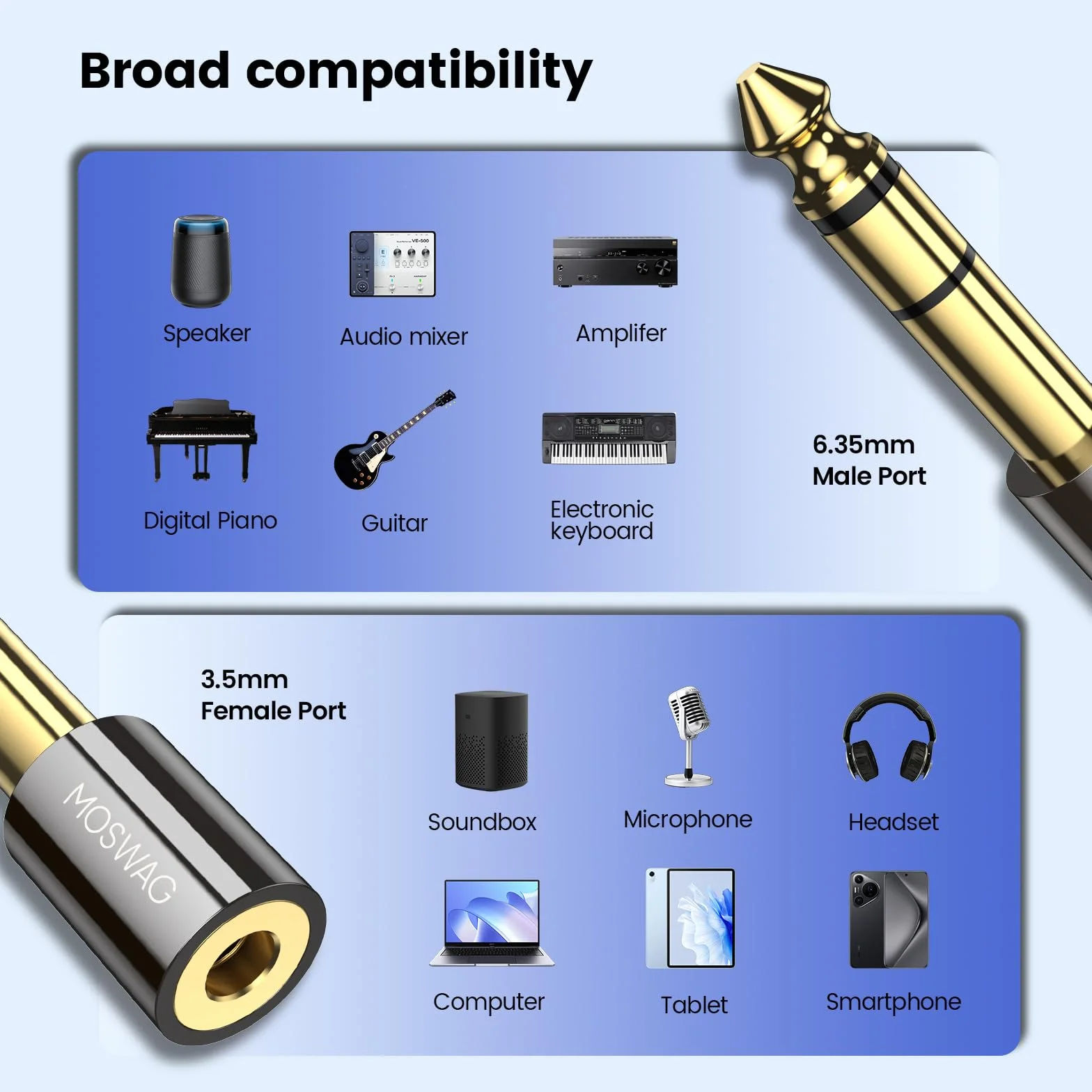 MOSWAG Adapter do słuchawek, adapter męski 6,35 mm na 3,5 mm żeński, adapter 1/8 do 1/4 do kabla audio, wzmacniacza, komputera stacjonarnego, laptopa, tabletu, fortepianu Ditiqal, Mp3, mikrofonu