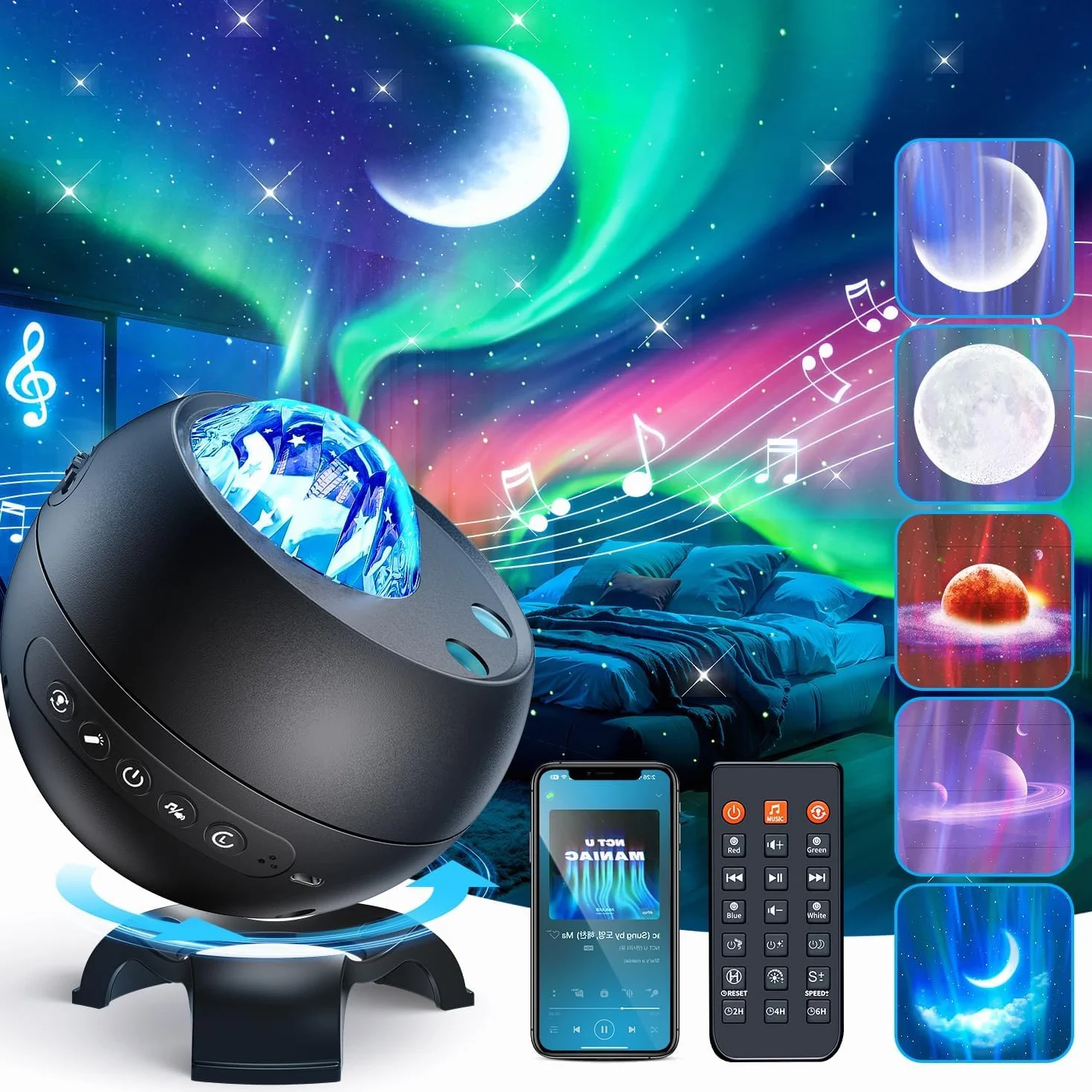 Projektor gwiaździstego nieba COOLNIGHT dla dzieci, 180 trybów świetlnych, 5 filmów księżyca, lampa Aurora Galaxy, 15 białych dźwięków nocnego nieba, projektor 5.3 HiFi Bluetooth, lampa polarnej
