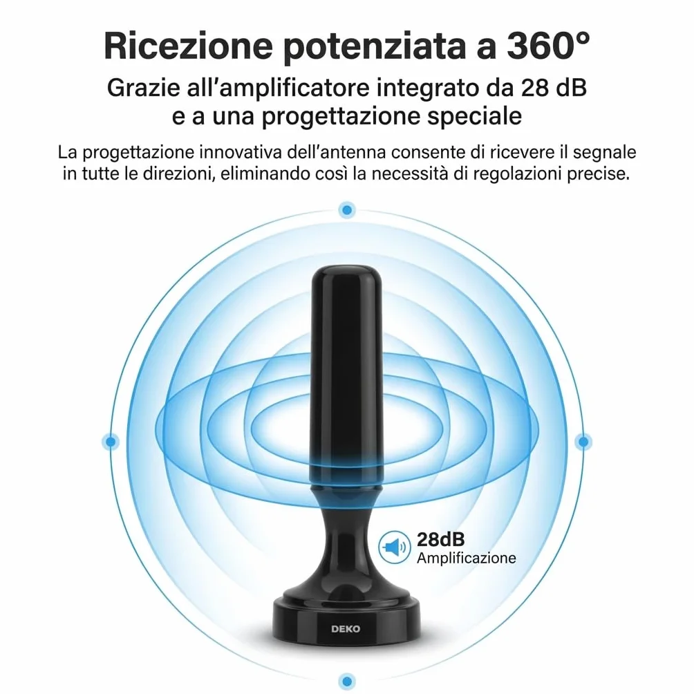 DEKO Antena DVB-T DVB-T2 ze wzmacniaczem, pokojowa HDTV, duży zasięg 360°, podstawa magnetyczna, kabel 5 m, 4K