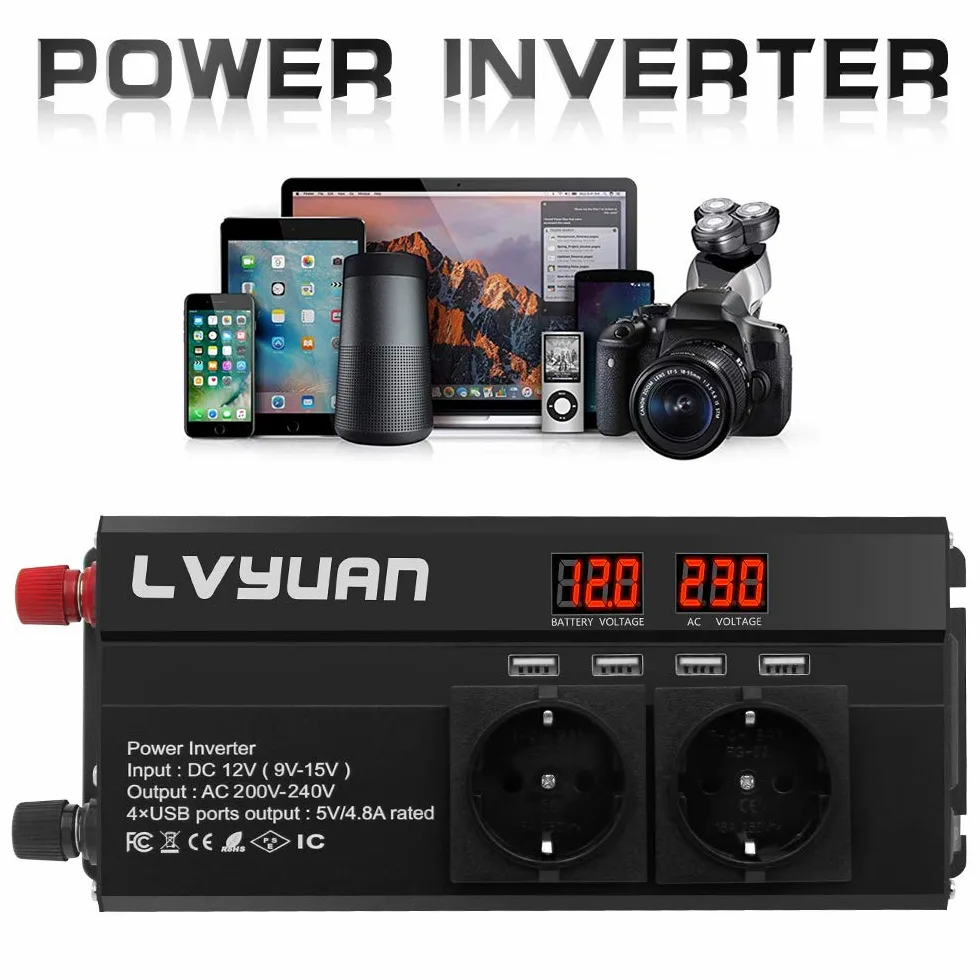 LVYUAN 2000W przetwornica napięcia DC 12V na 230V AC z diodą LED, 4 porty USB, 3 gniazda AC do użytku na zewnątrz, awaryjna awaria zasilania