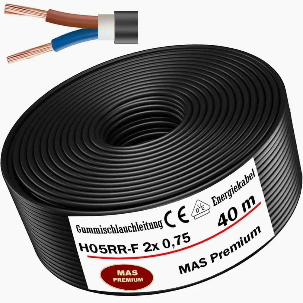 Przewód gumowy od 5 do 100 m, kabel zasilający na plac budowy H05RR-F 2 x 0,75 mm², elastyczny przewód do urządzeń ręcznych i lekkich urządzeń (40 m)