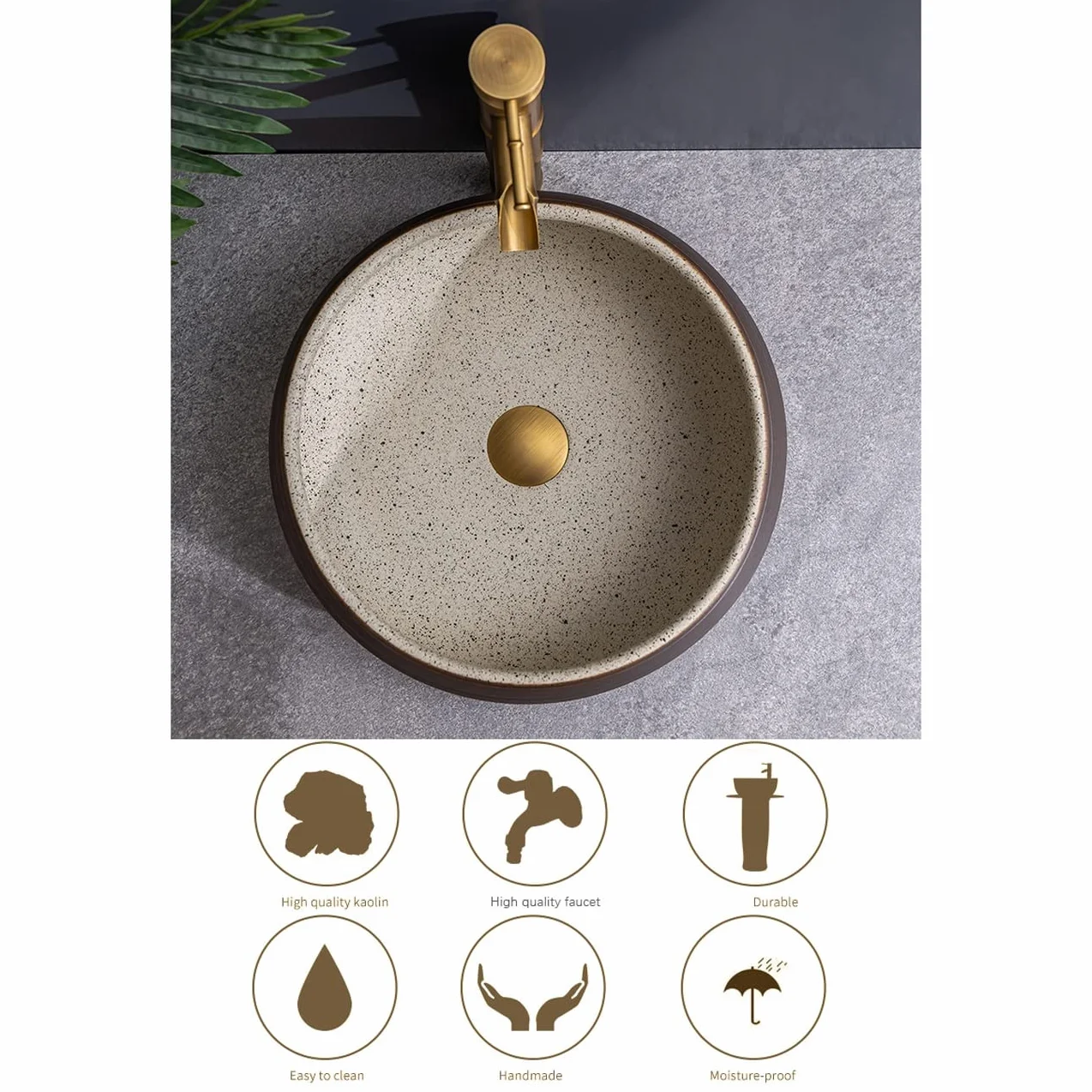 Okrągła Umywalka Nablatowa, Minimalistyczna Porcelanowa Umywalka Łazienkowa Nablatowa, Ceramiczna Umywalka Z Baterią W Kształcie Bambusa, O Teksturze Linii