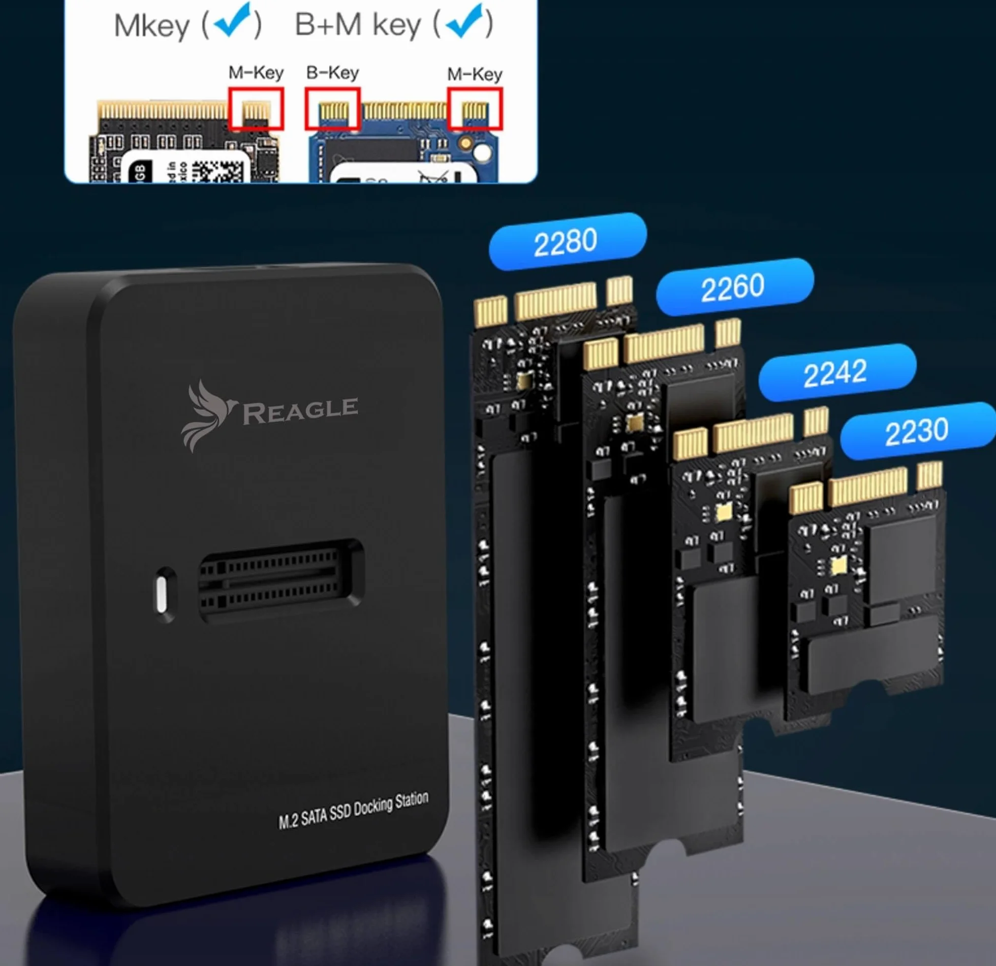 Reagle Adapter SSD M.2 NVMe SATA USB C 3.2 Gen 2 10Gbps, Stacja Dokująca do Dysków M2 M Key B+M Key 2230 2242 2260 2280, Montaż Bez Narzędzi, Plug & Play, do 2TB Kieszeń