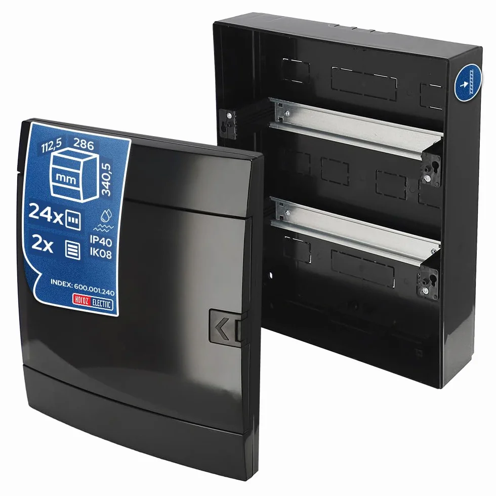 Rozdzielnica Elektryczna Natynkowa 2 Rzędy 24 Modułów 112,5x286x340,5 mm IP40 - Czarna ABS Skrzynka Bezpiecznikowa IK08, Skrzynka Rozdzielcza do Garażu, Warsztatu, Domu - Horoz Electric