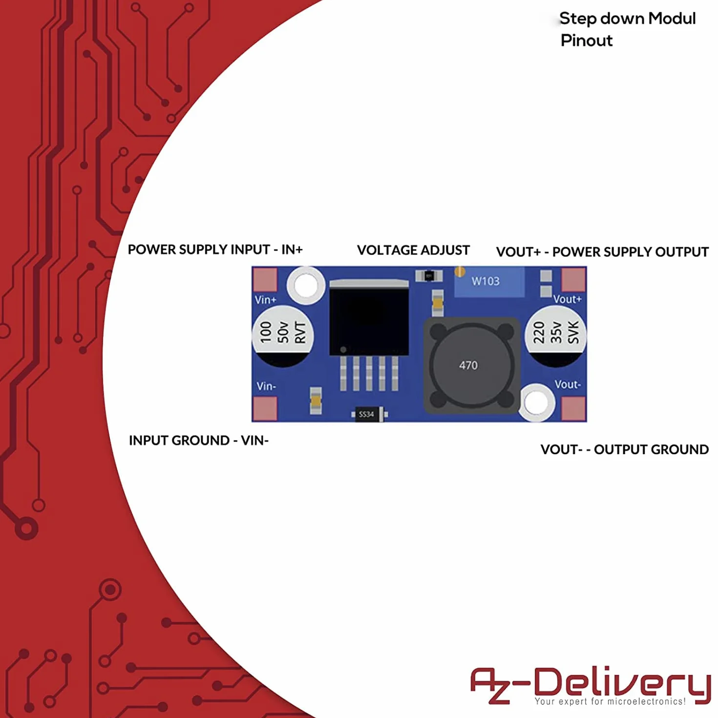 AZDelivery LM2596S DC-DC zasilacz krok w dół moduł kompatybilny z Arduino