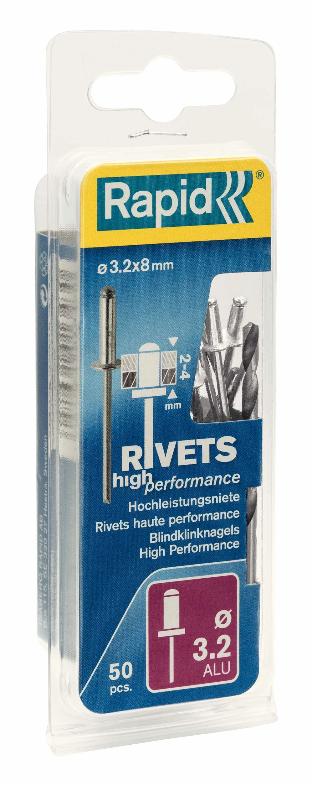 Rapid Nity zrywalne aluminium uniwersalne Ø 3,2 mm, zakres zacisku 2-4 mm, 50 szt. nitów, zestaw z wiertłami, do szczypiec nitowniczych