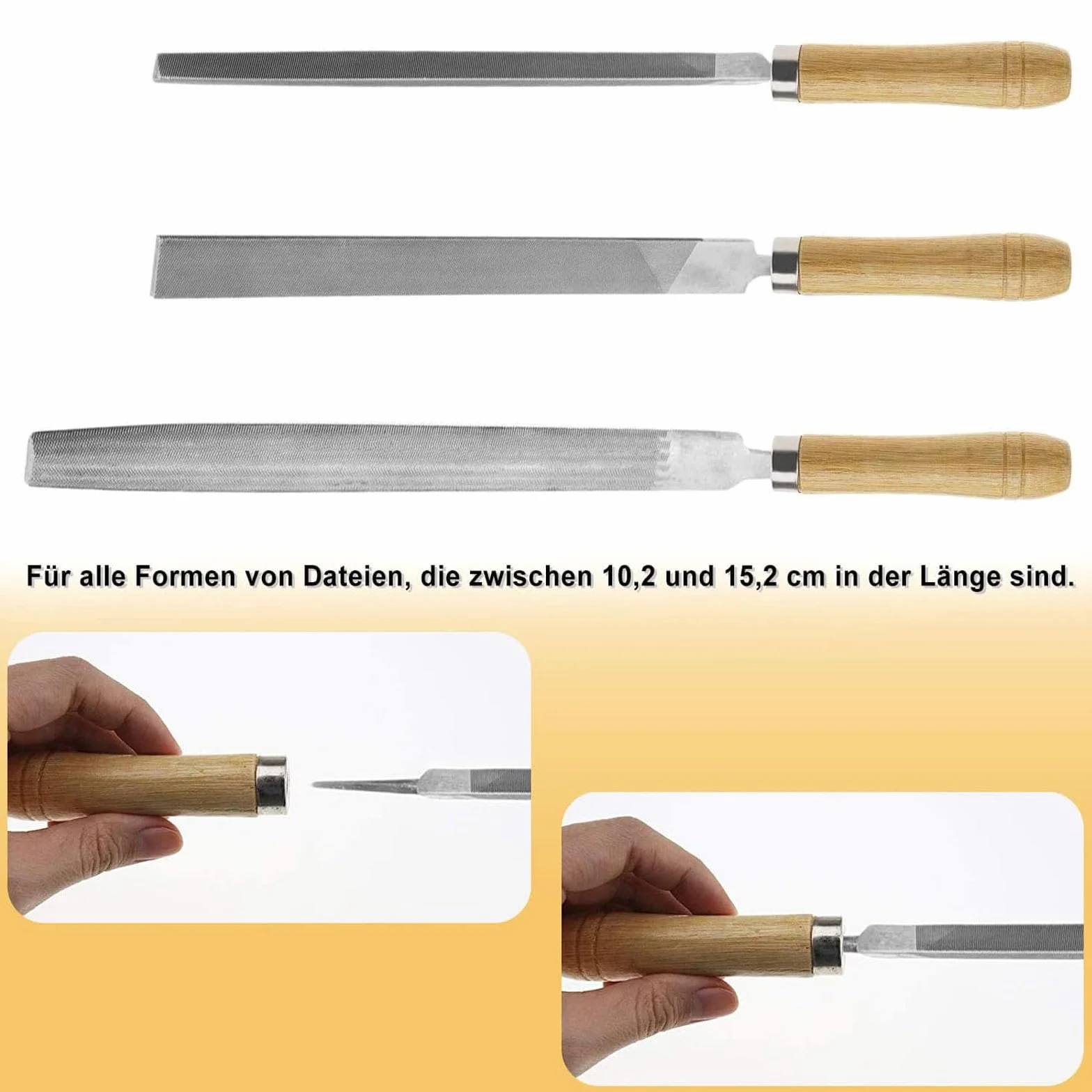 Drewniany uchwyt do pilnika, uchwyt pilnika z mocnym metalowym kołnierzem, do obróbki drewna, stolarzy, do konserwacji narzędzi, otwór 6 mm, długość 105 mm, 15 sztuk