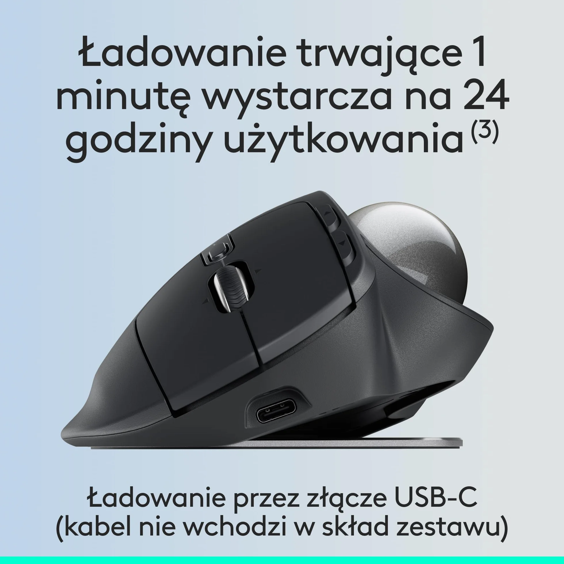 Logitech MX Ergo S Bezprzewodowa Mysz z Trackballem, Ergonomiczna, USB-C, Bluetooth, 6 Przycisków, PC/Mac - Grafit