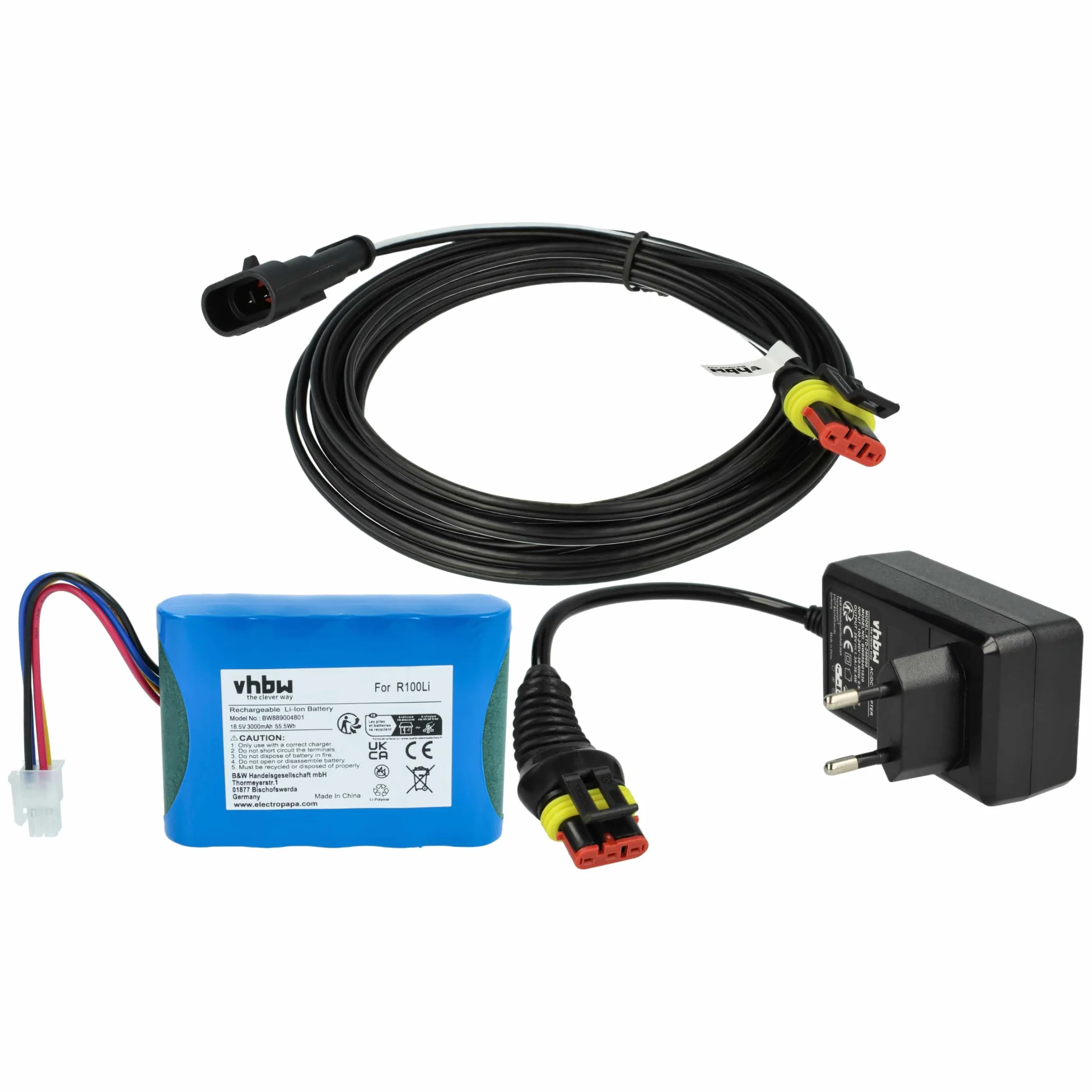 vhbw 1x zasilacz, 1x bateria 3000 mAh, 1 x kabel niskiego napięcia 5 m wymienny do 5931636-01 do kosiarki do trawy
