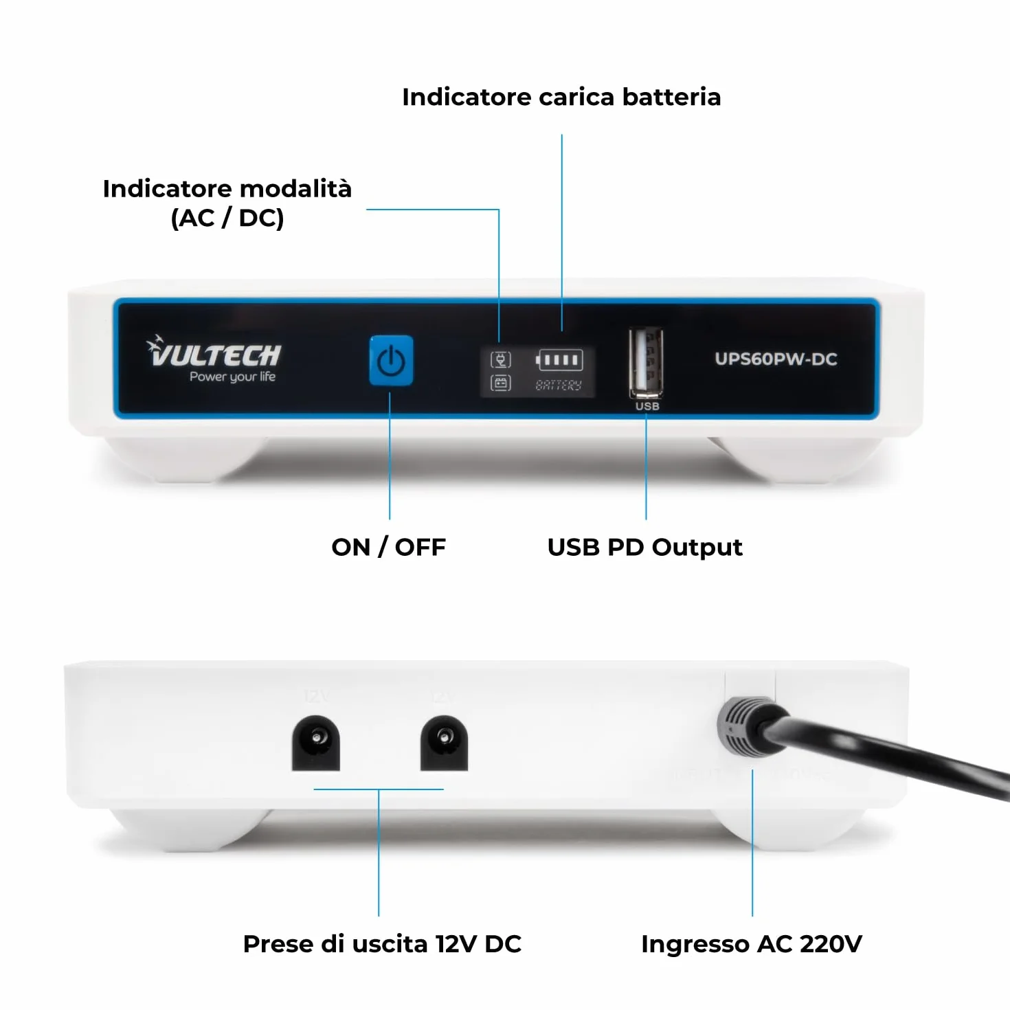 VulTech UPS60PW-DC Rev. 2.1 Biały Mini UPS 6000 mAh 60 W Przenośny zasilacz awaryjny do modemu routera bezprzewodowego Kamera Power Bank Smartphone Wejście 100-240 VAC USB 5 V DC 12 V