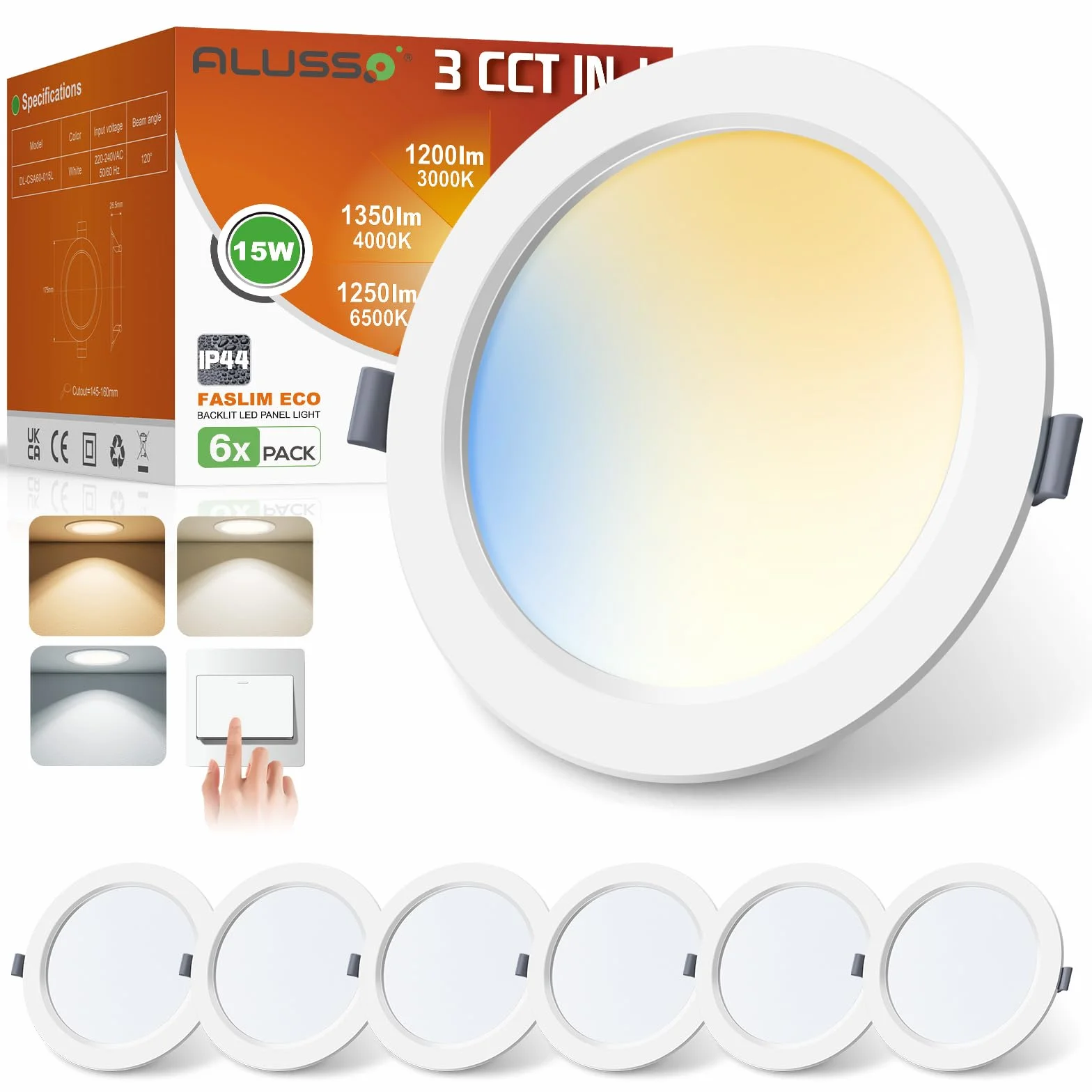 ALUSSO Punkt Sufitowy 230V, 15W 1350lm Punkt łazienkowy IP44, Zmienny Kolor (zimna biel 6500K/ciepła biel 3000K/neutralna biel 4000K), Ultracienkie 25,5mm, Otwór Montażowy 145mm, Opakowanie 6sztuk
