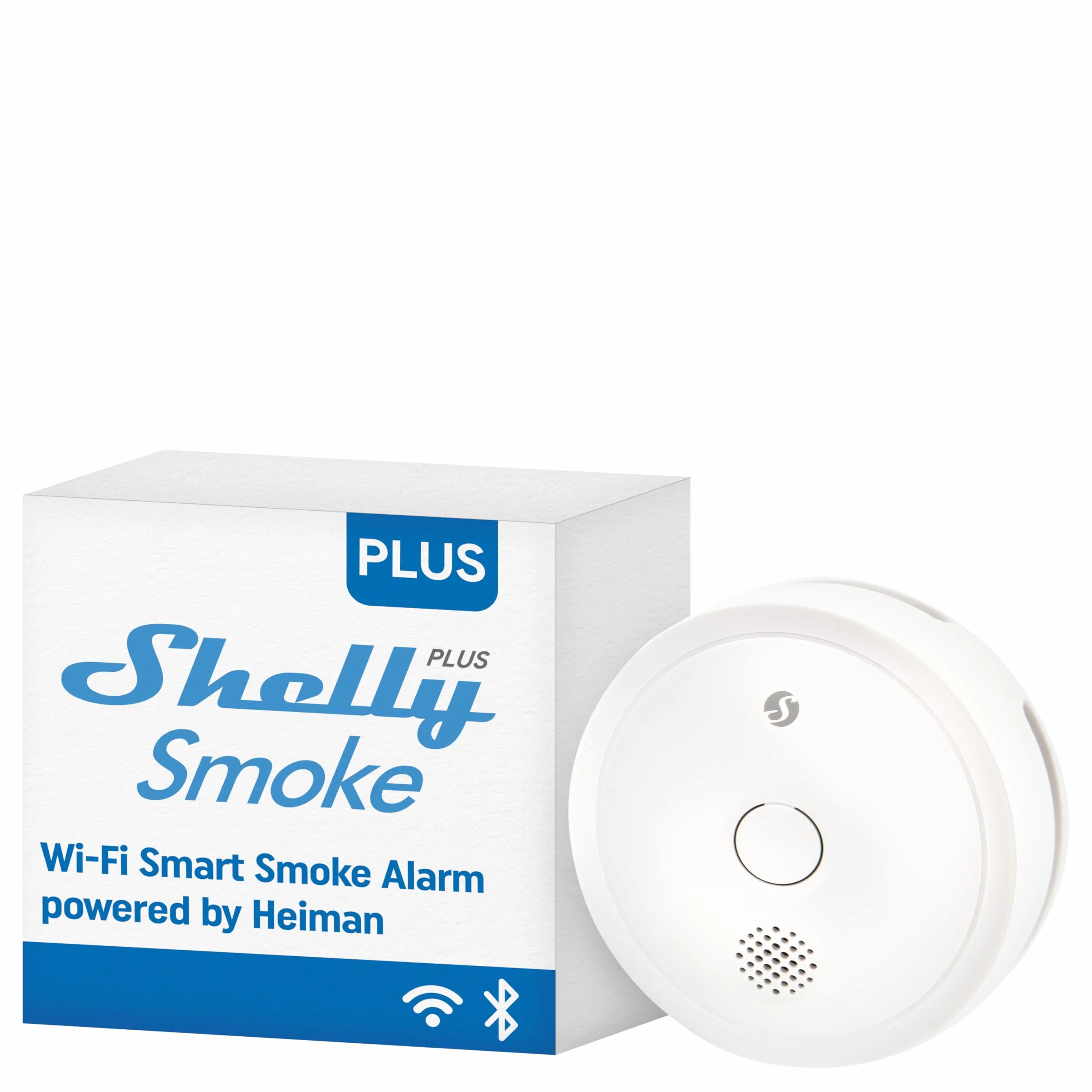 Shelly Plus Smoke, Alarm Dymu i Pożaru, Czujnikiem Fotoelektrycznym, 5-letnia Żywotność Baterii, EN 14604, Wskaźniki LED i Dźwiękowe, Natychmiastowe Powiadomienie, Wi-Fi Bluetooth, Alexa Google Home
