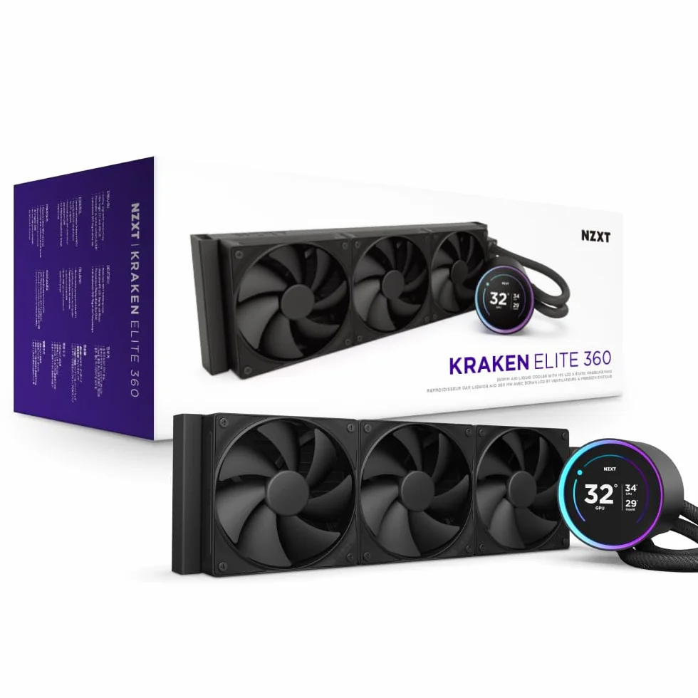 NZXT Kraken Elite 360 - AIO CPU Liquid Cooler - Chłodnica 360mm - 3 x Wentylatory F120P - Konfigurowalny 2.72” IPS LCD - NZXT Turbine Pump - Intel LGA 1700, 1200/115X, 1851 - AMD AM5, AM4 - Czarny