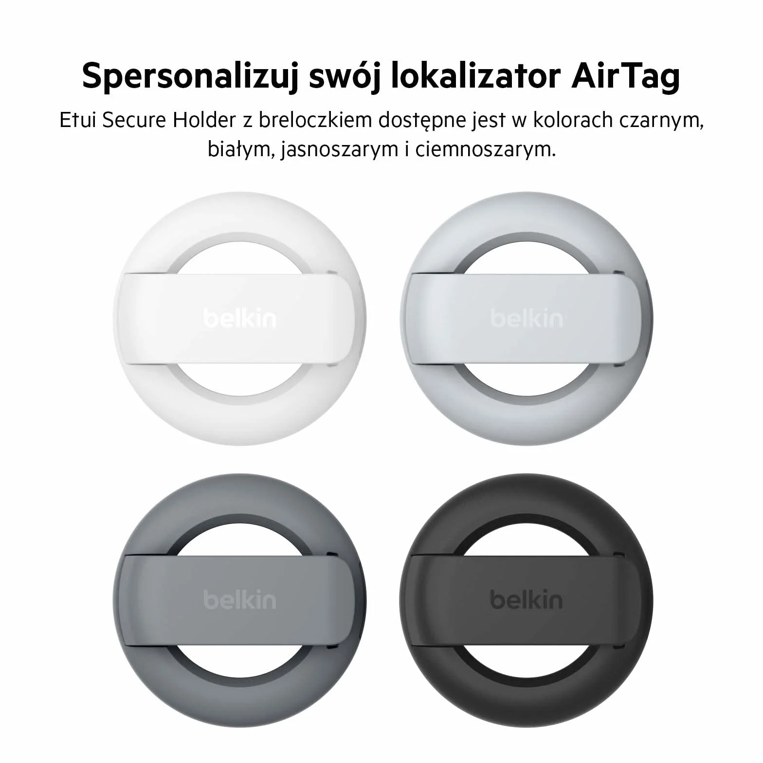 Belkin Etui Secure Holder do Apple AirTag z klipsem i brelokiem, odporne na zarysowania, ciemnoszary