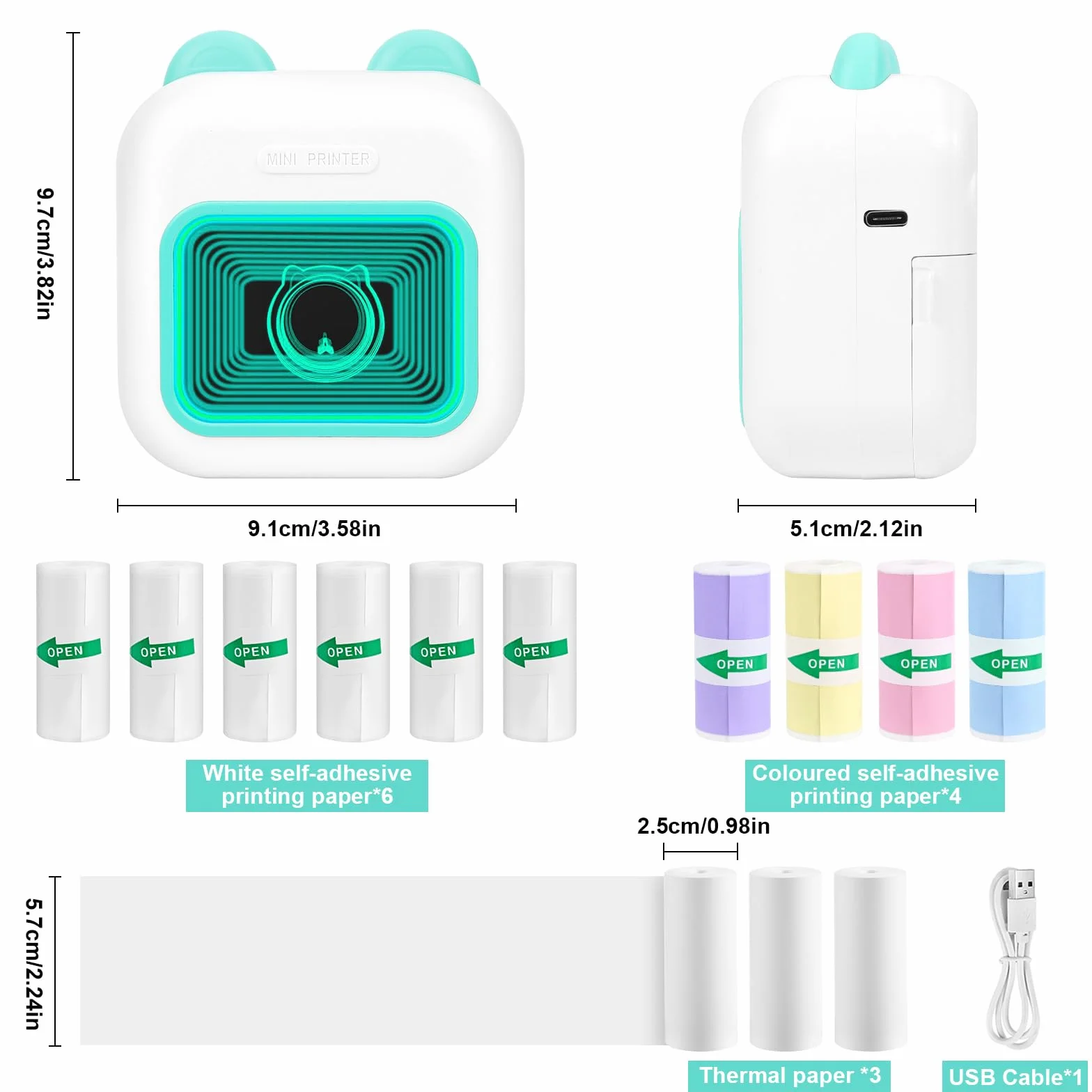 Mini drukarka, mobilna drukarka fotograficzna, przenośna mini drukarka fotograficzna z siedmioma kolorami LED i lustrami, bezprzewodowa drukarka termiczna z 13 rolkami papieru do drukarki,