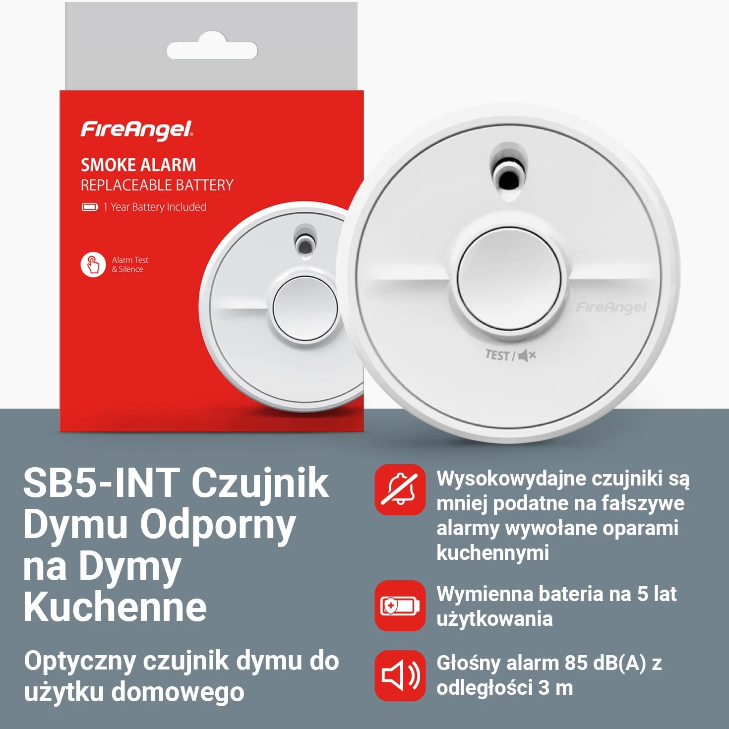 Fire Angel SB5-INT Czujnik Dymu – Detektor Dymu Odporny na Opary Kuchenne, Optyczny Czujnik Przeciwpożarowy z Wymienną Baterią – Czujka Przeciwpożarowa