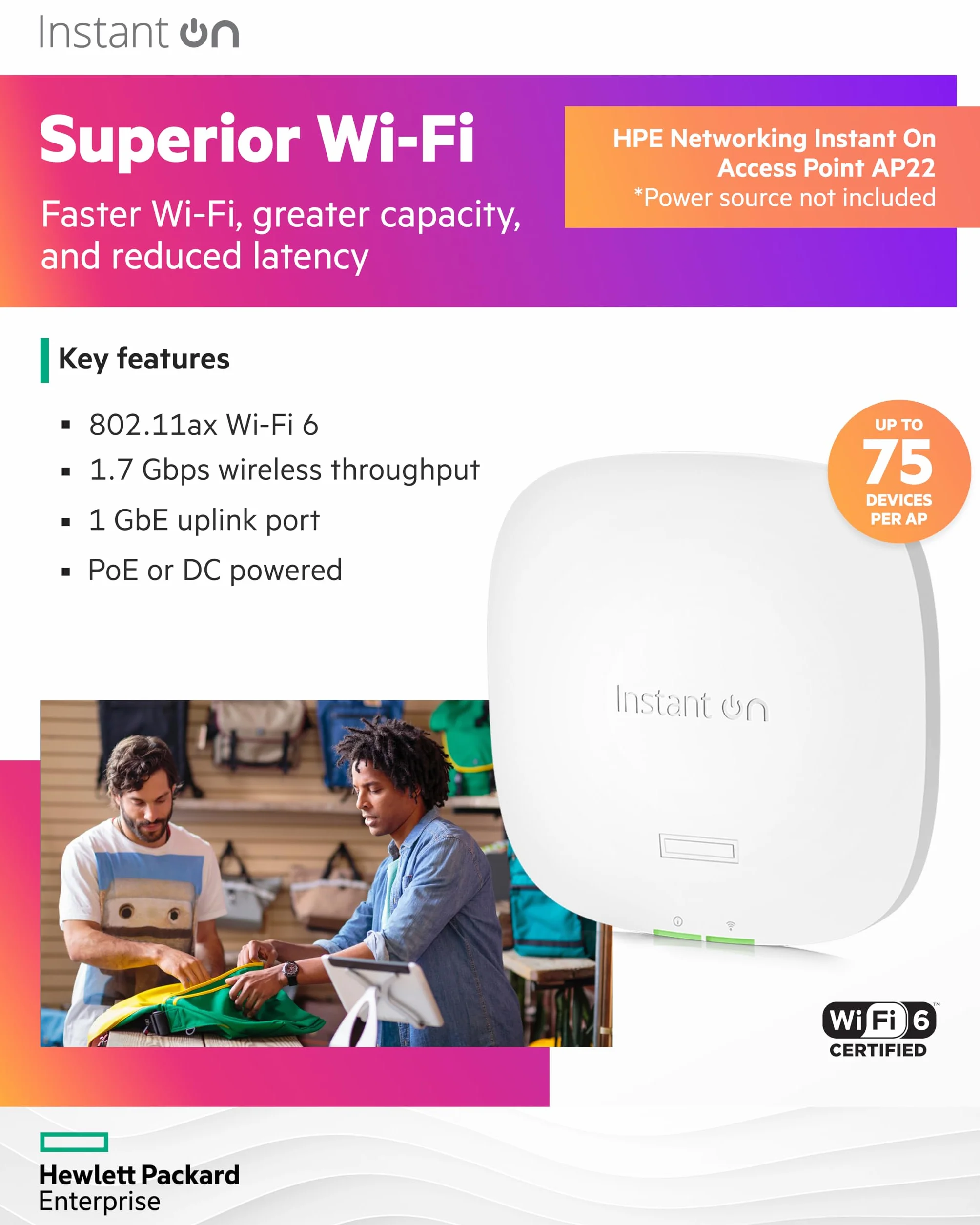 Aruba HPE Instant ON AP22 (RW) – 802.11ax – Bluetooth, Wi-Fi – podwójna taśma – montaż sufitowy, R4W02A, AP22 bez zasilacza