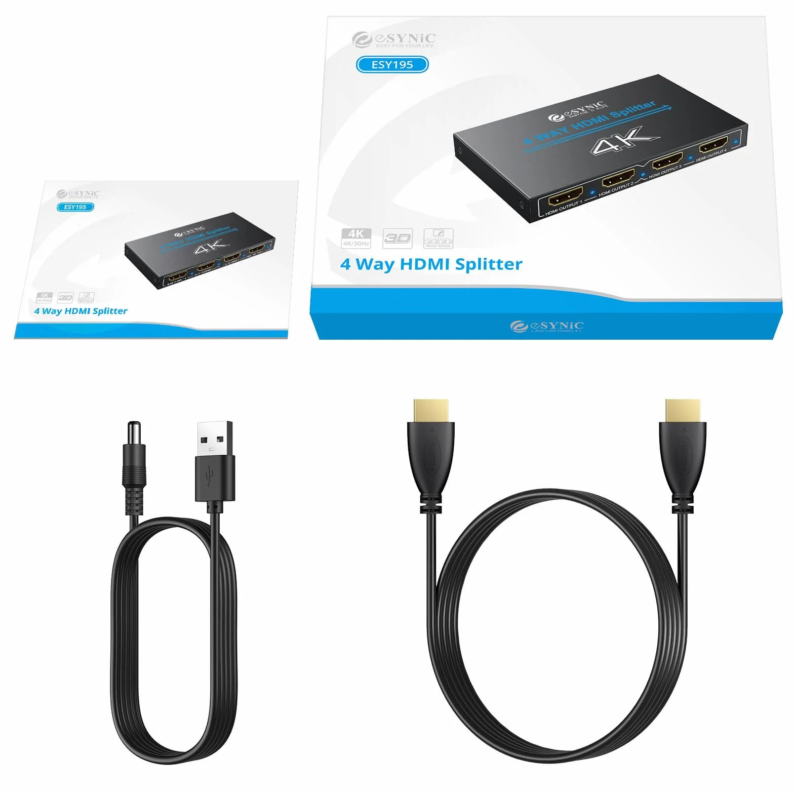 eSynic Rozdzielacz HDMI 1 w 4 4K 30 Hz 3D z 1m Kabel HDMI HDCP 1.4 Bypass 1X4 metalowa obudowa