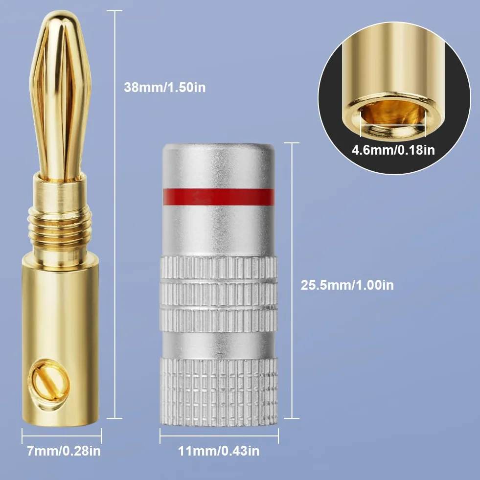 Wtyczki bananowe 4 sztuki, złącza do kabli głośnikowych 4,5 mm², HiFi (2 czerwone, 2 czarne)
