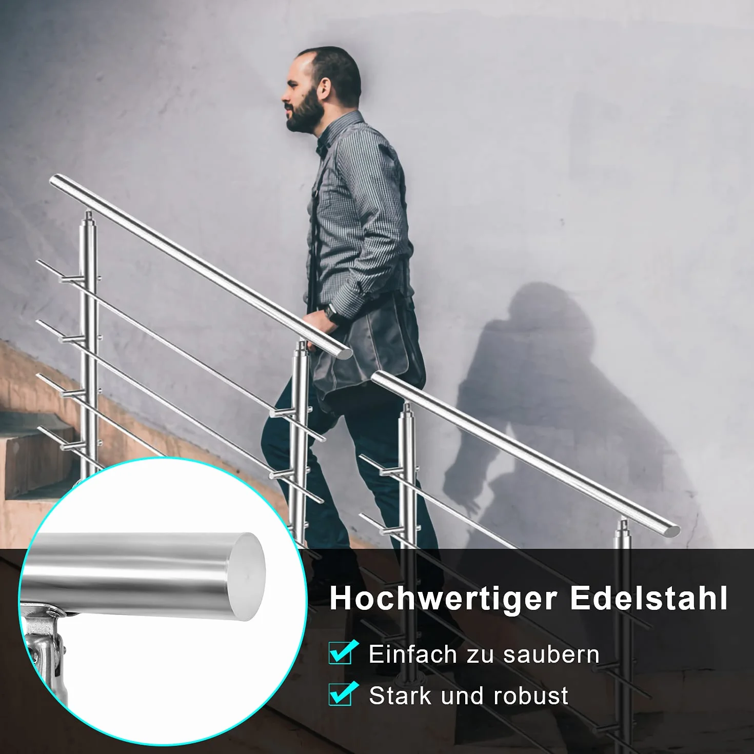 Poręcz ze stali nierdzewnej, do balustrady schodowej, na balkon, 160 cm, z 2 poprzeczkami Ø 42 mm, do wewnątrz i na zewnątrz