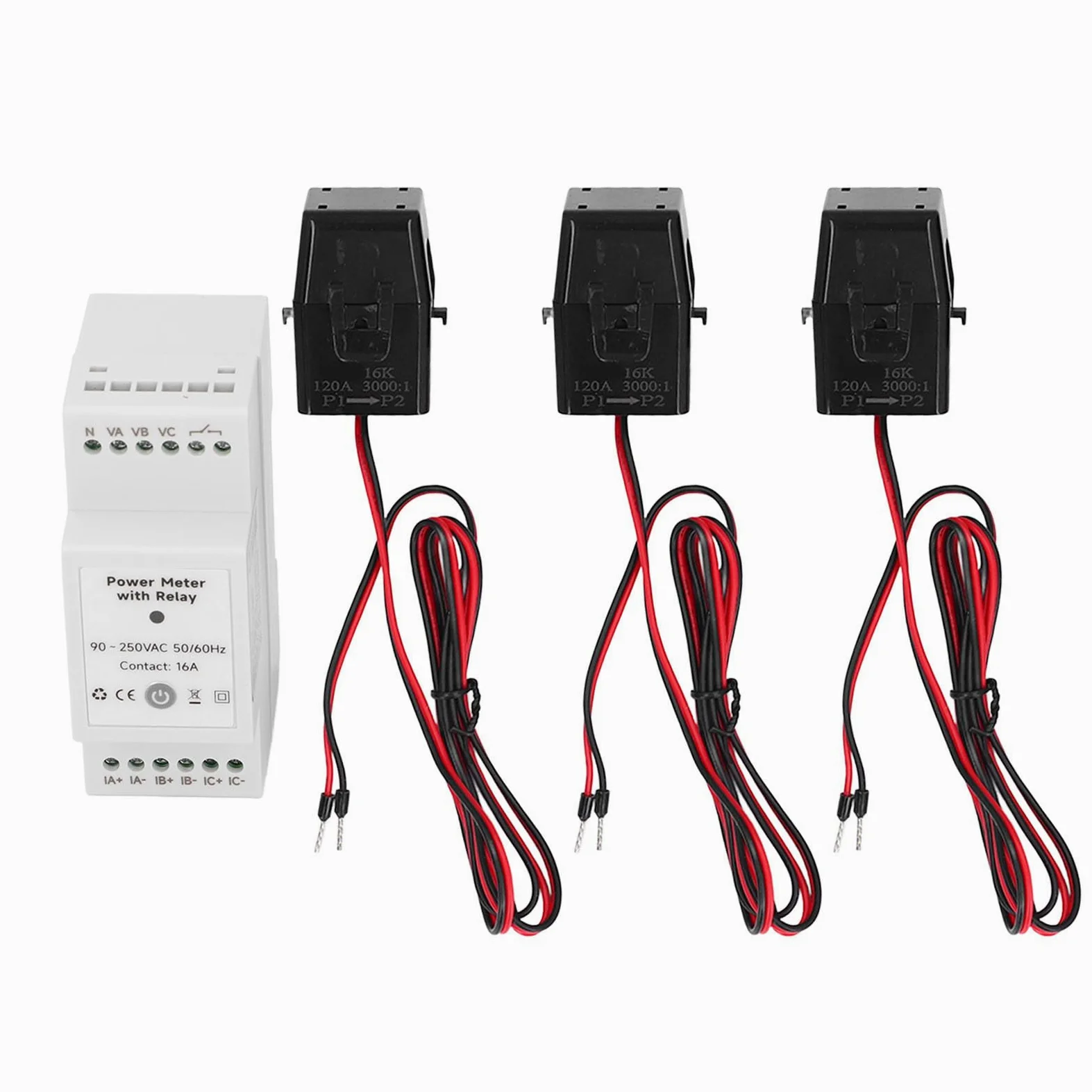 Eujgoov Monitor Energii WiFi, 3-fazowy, 4-przewodowy Inteligentny Licznik Zużycia Energii Elektrycznej ABS z 3 Zaciskami CT 120A, Dwukierunkowy Monitoring Aplikacji w Czasie Rzeczywistym Sterowanie