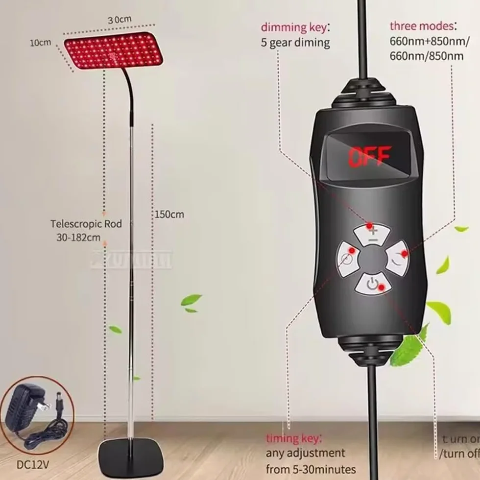 Lampa z czerwonym światłem, lampa stojąca, czerwone światło z cokołem, 126 LED 660 nm i 850 nm z cokołem, szyja wannowa 360°, regulacja wysokości, 4 poziomy jasności i timer, do łagodzenia twarzy