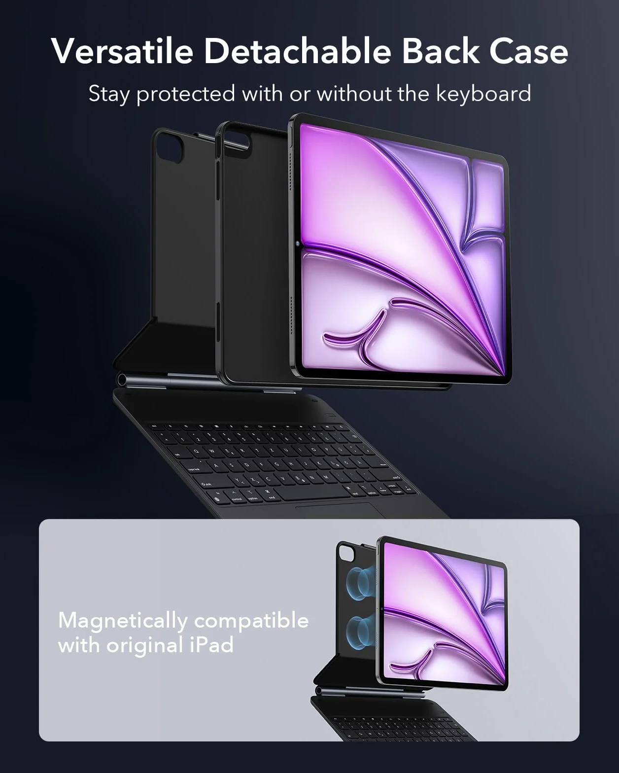 ESR iPad Air 13" (M3/M2, 2025/2024) etui na klawiaturę z regulowanym stojakiem magnetycznym, tryb wysoki/podwyższony, zdejmowane etui ochronne, seria Rebound 360, czarne