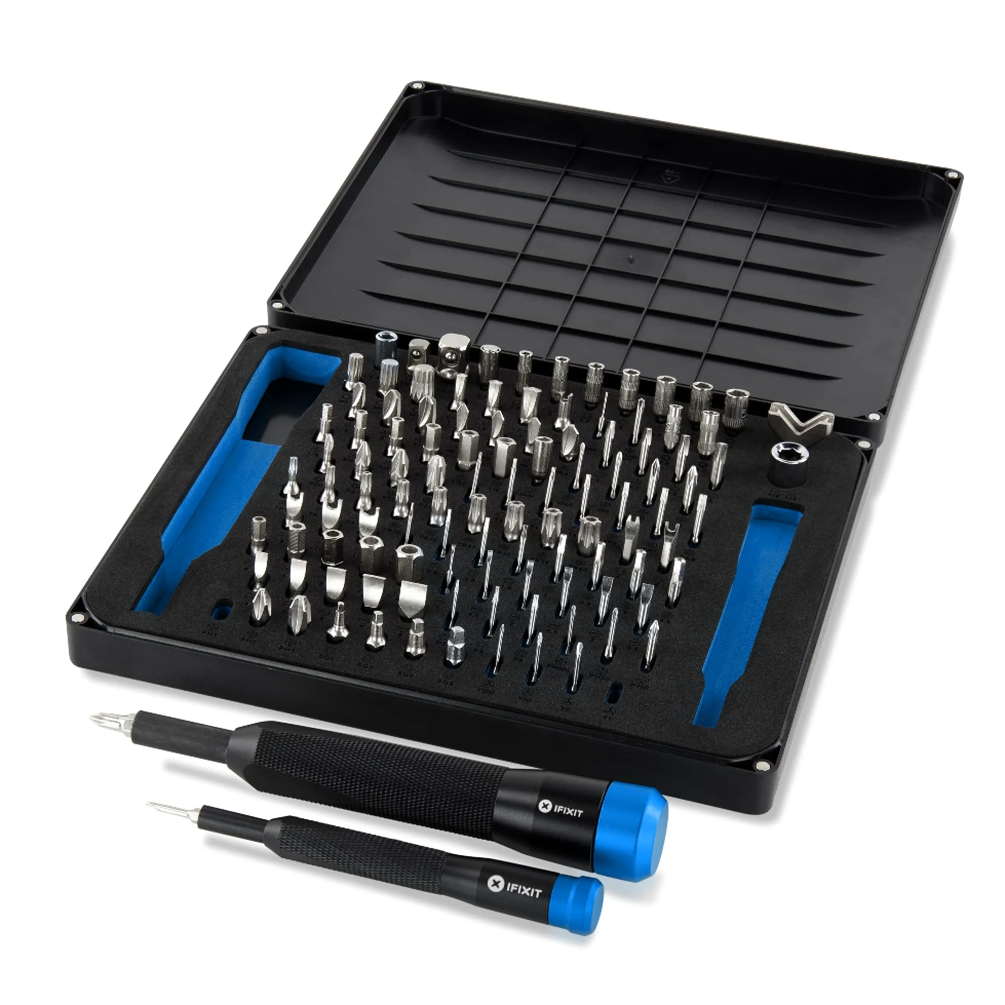 iFixit Manta Precision Bit Set, Zestaw bitów z 2 śrubokrętami i 112 bitami: mini bity (4 mm) dla elektroników i bity standardowe 1/4 cala