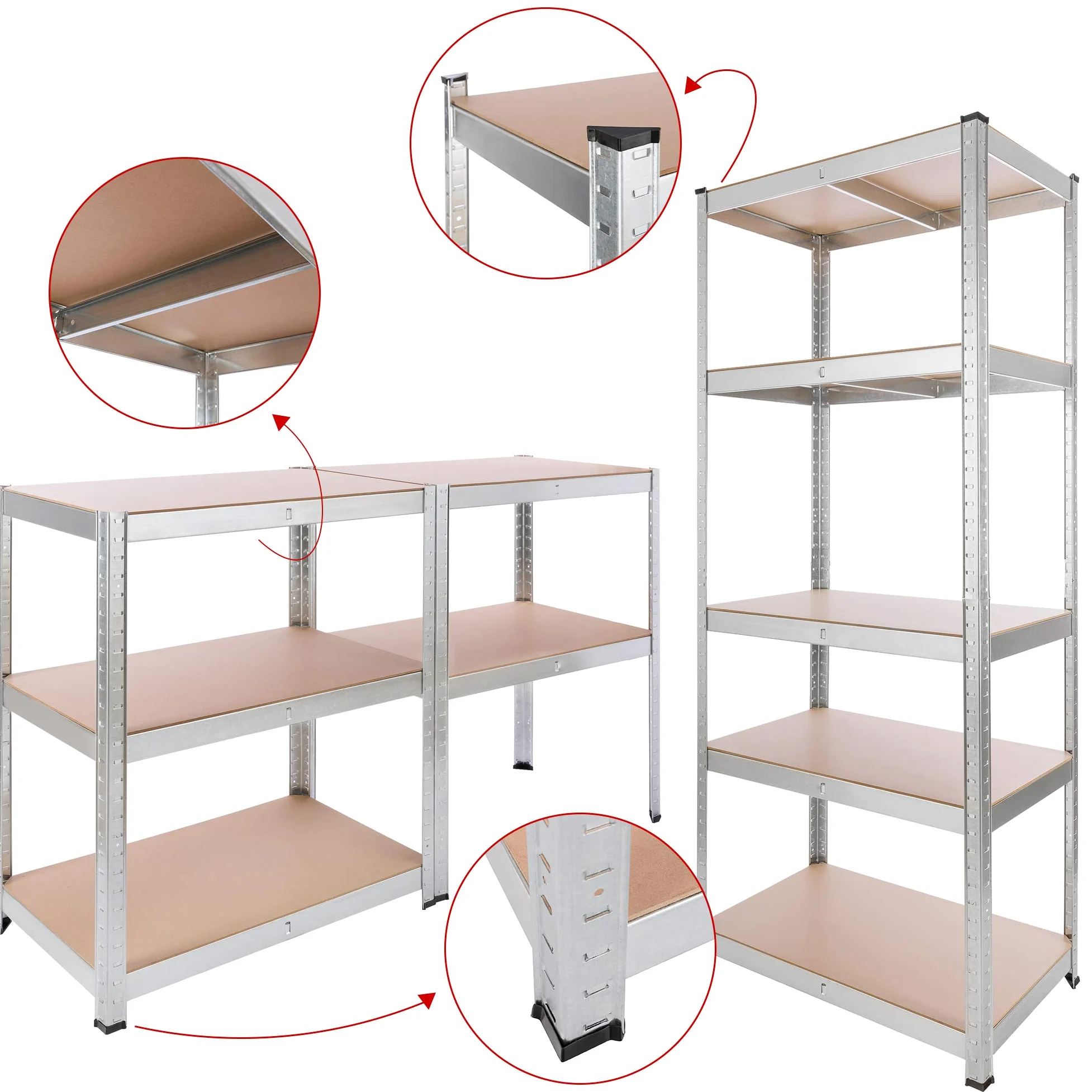 Arebos 2x Regał do dużych obciążeń | Regał piwniczny | Regał magazynowy | Regał bezśrubowy | 180x75x45cm | 5 paneli MDF | Zestaw 2 | 875kg