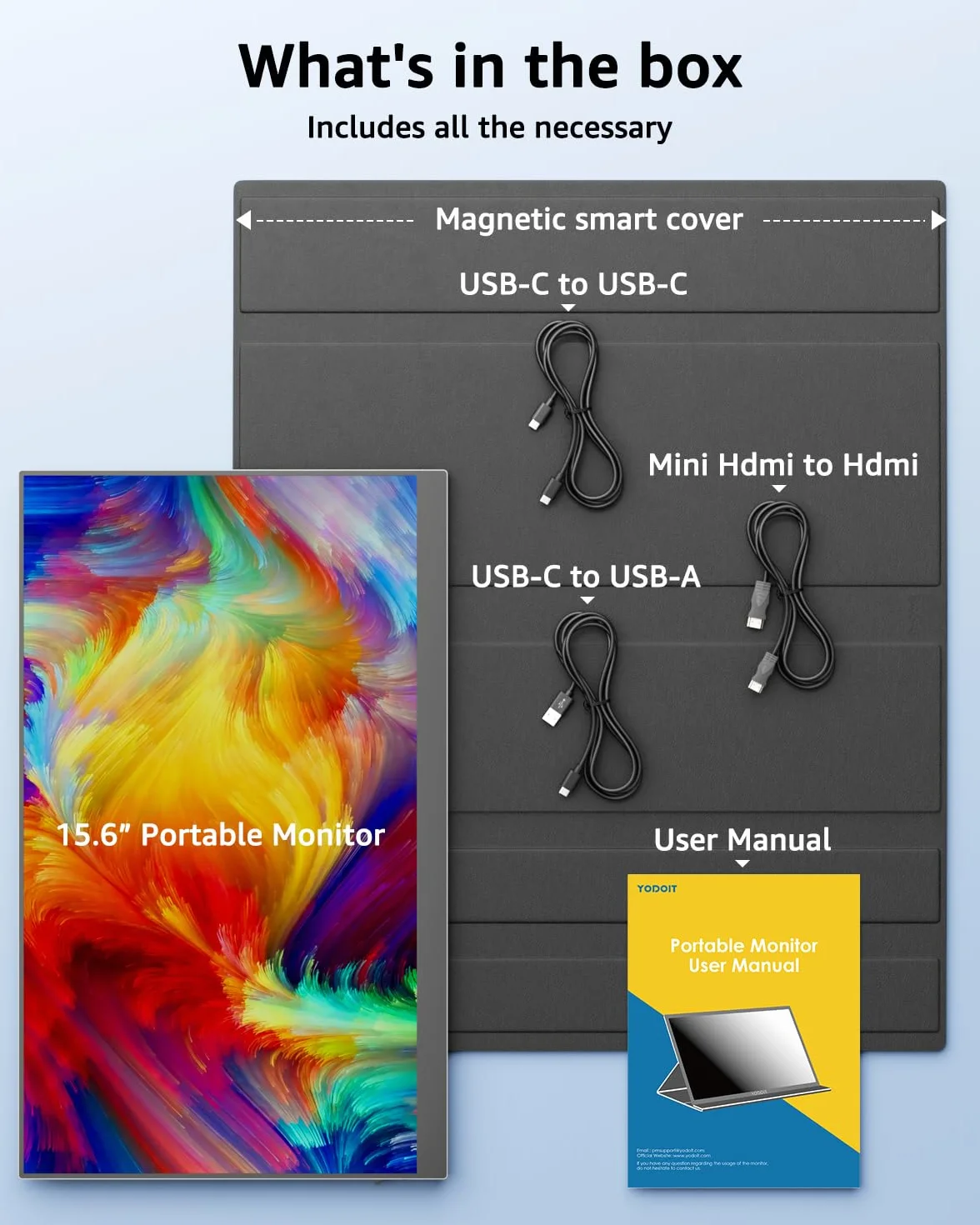 Yodoit przenośny monitor 15,6" FHD 1920x1080P IPS | Łączność USB-C i HDMI, wbudowane głośniki, z inteligentną okładką, do laptopa, PC, Mac, PS3/4/5, Xbox
