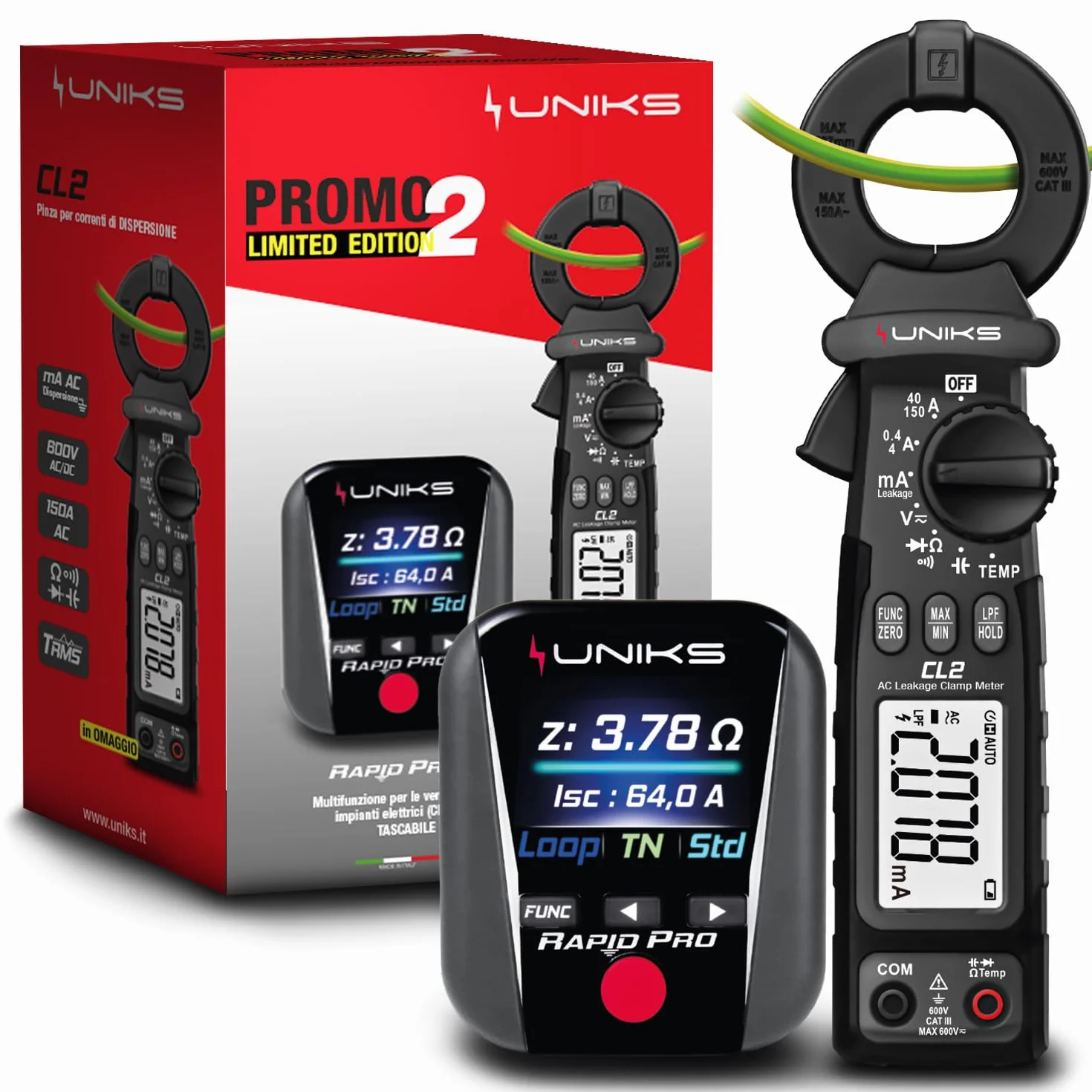 UNIKS RAPIDPROEDITION2 CL2 + RapidPRO - Szczypce amperometryczne do dyspersji i profesjonalnego testera RCD, ziemi i gniazd, multimetr TRMS AC/DC