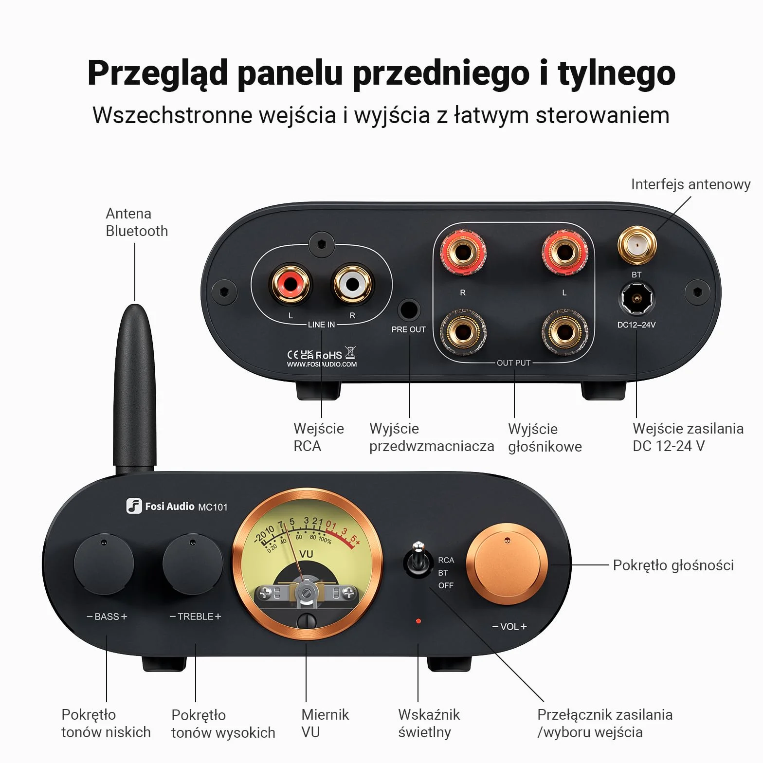 Fosi Audio MC101 Bluetooth Wzmacniacz Stereo HiFi 2 Kanałowy Mini Wzmacniacz Domowe Audio Odbiornik z Regulacją Tonów Niskich i Wysokich
