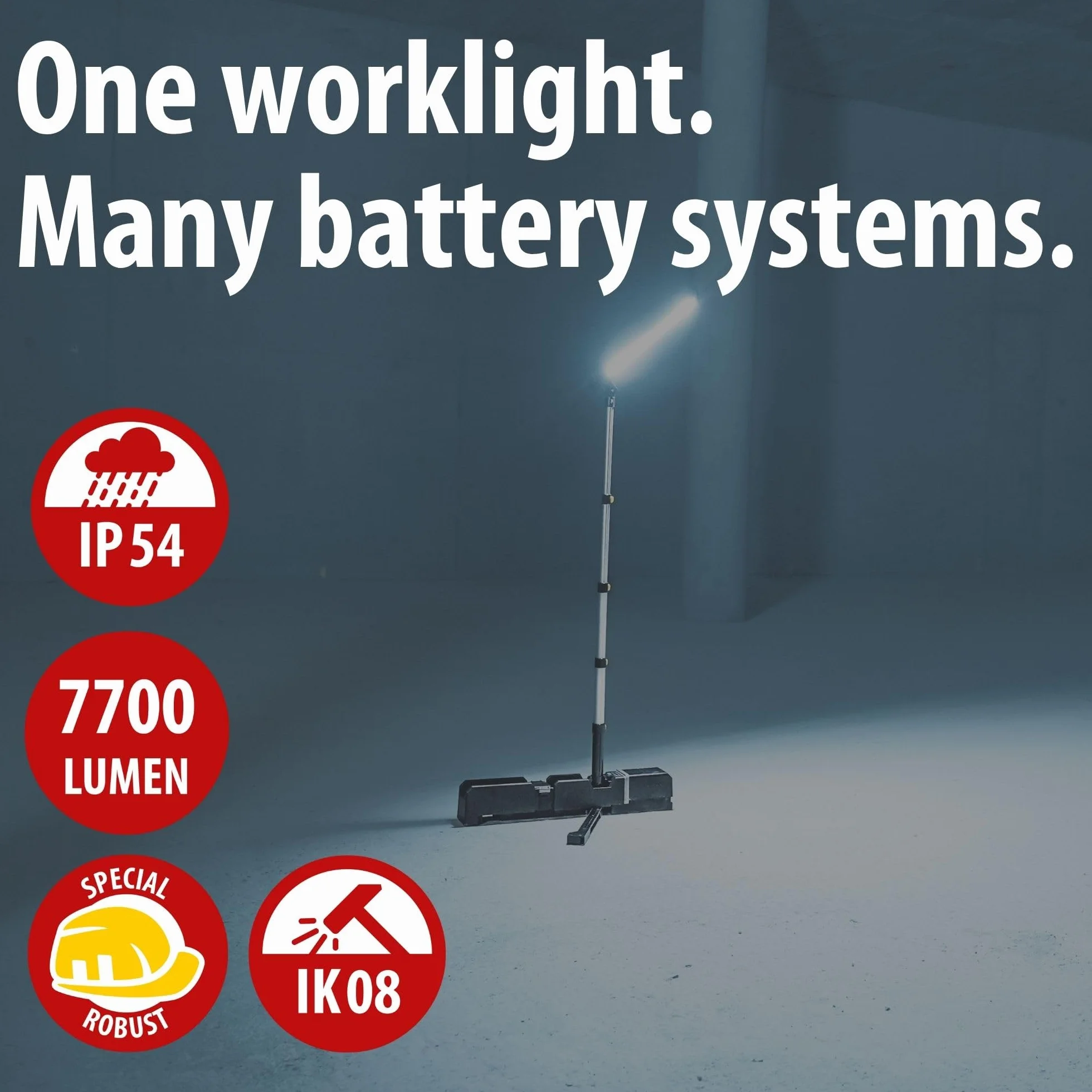 Brennenstuhl Multi Battery LED Akku Teleskopowa lampa robocza 6050 MA (7700lm, IP54, kompatybilny z akumulatorami 18V od 10 różnych producentów, bez baterii, Engineered in Germany)