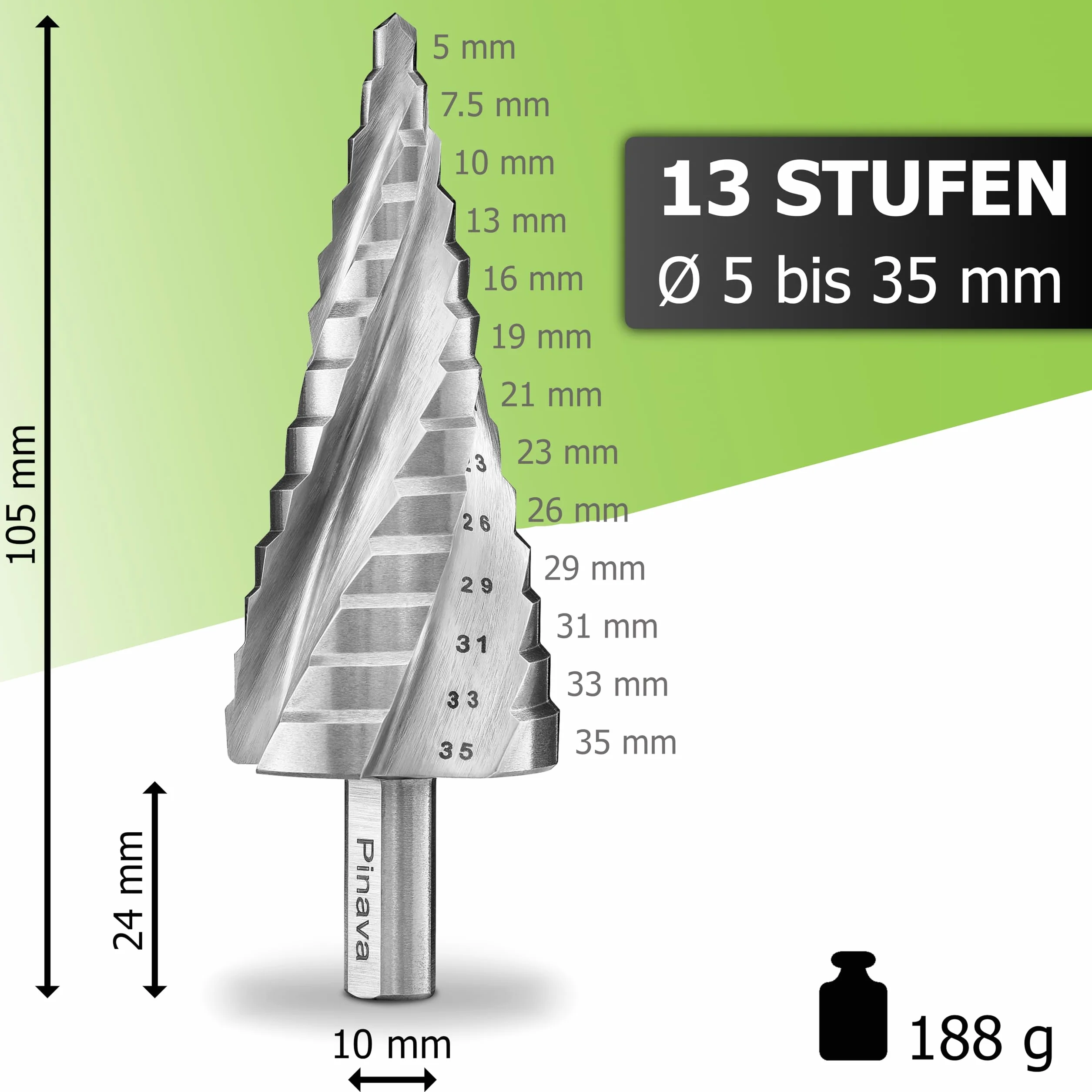PINAVA® HSS wiertło stopniowe 4XSPIRAL [szybsze, bardziej precyzyjne, bardziej trwałe] – wiertło stożkowe z trzonkiem trójkątnym 10 mm do metalu, drewna, tworzywa sztucznego – wiertło do otworów Ø 5