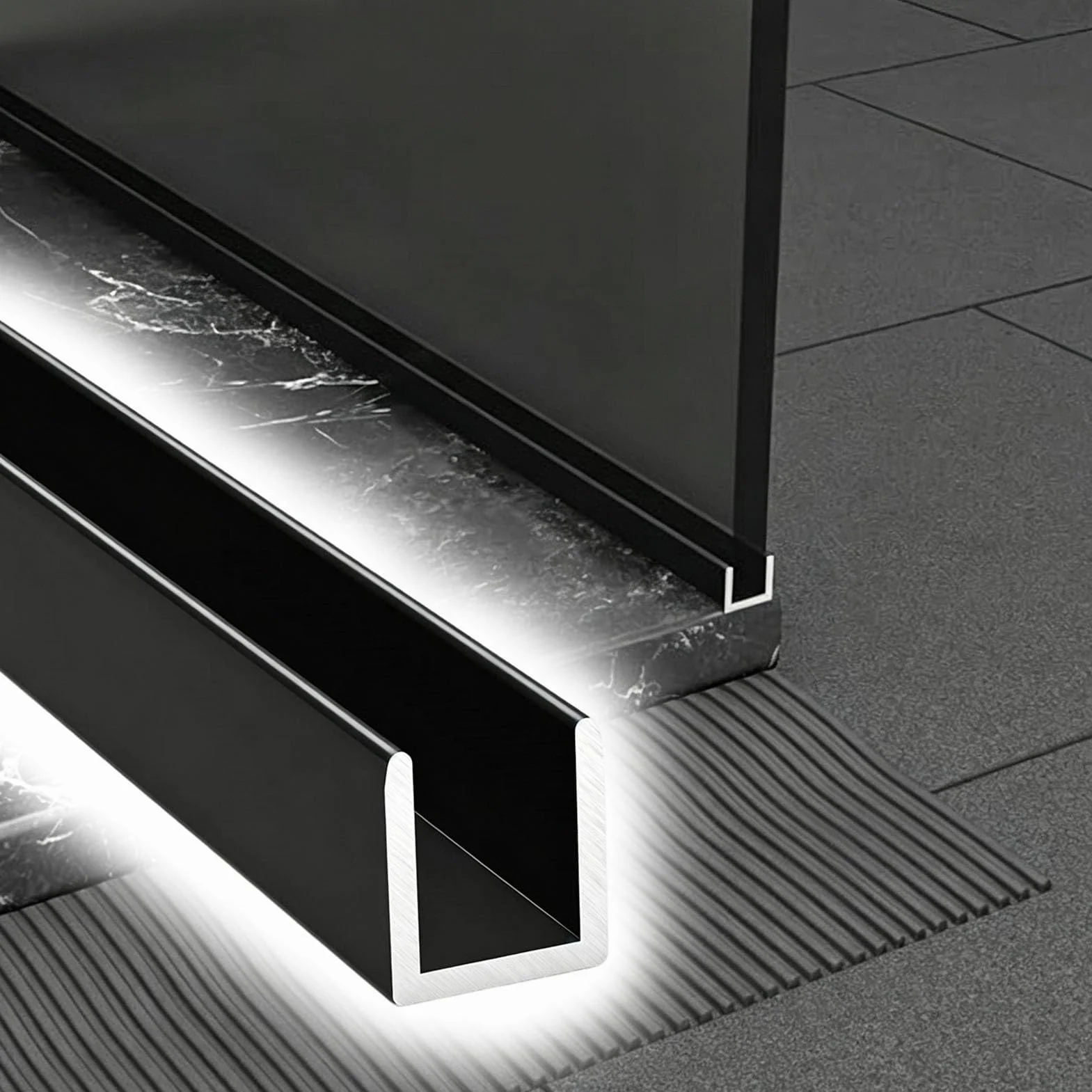 Profil Typu U do Szkła Głęboki Kanał Aluminiowych Drzwi Prysznicowych | Otwór do Mocowania Ścianki Działowej Bezramowej, Szyna Mocująca Szkło(Black,L2.5m(8.2ft))