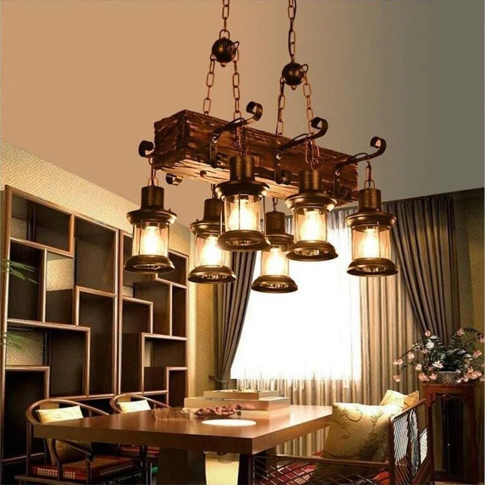 Lampa wisząca z drewna i szkła z 6 światłami