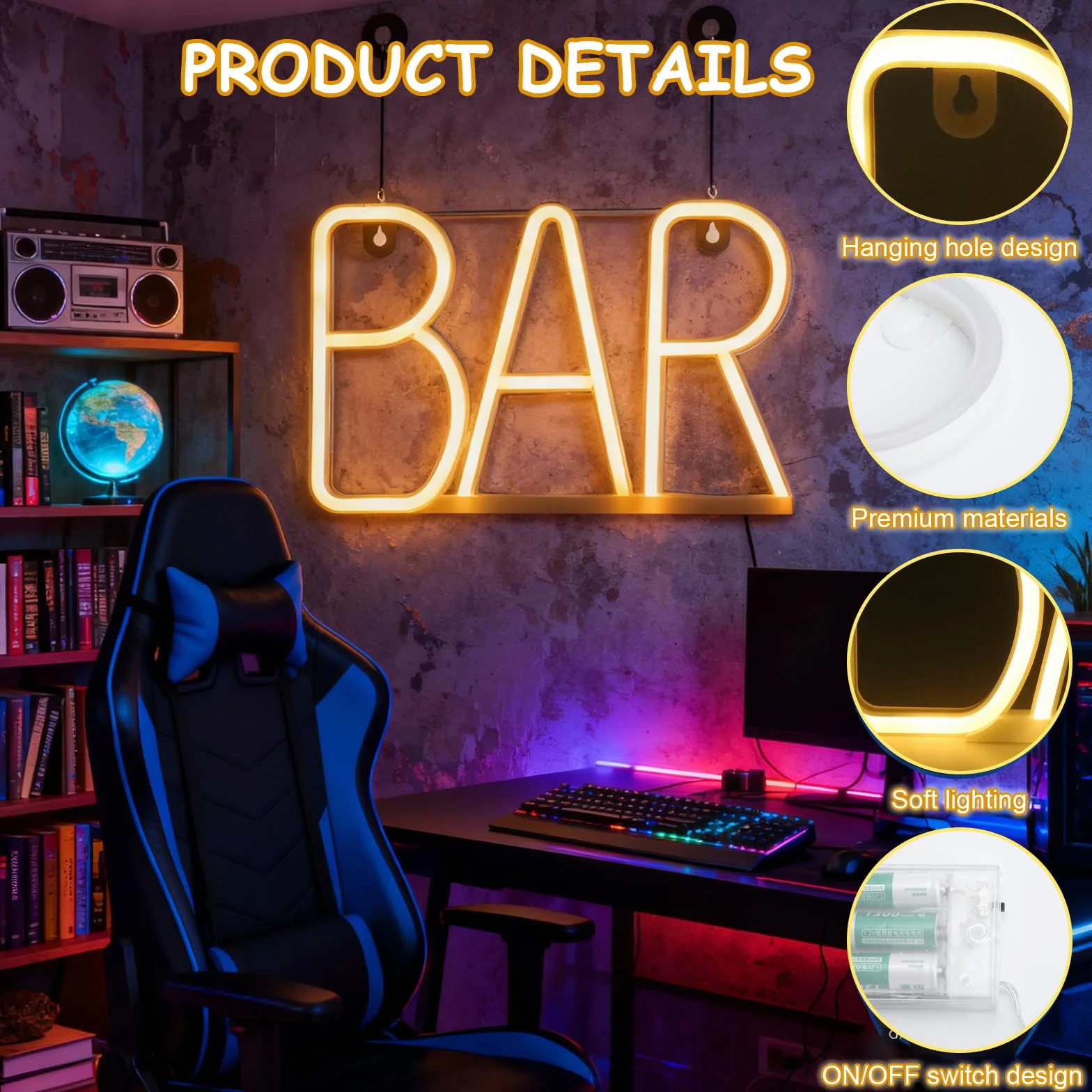 TNSLAND Tablica LED z literami BAR, ciepłobiała tablica świetlna z USB i zasilaniem bateryjnym, tablica świetlna LED, neonowe tablice ścienne, neonowy znak do dekoracji baru, wyposażenie piwnicy na
