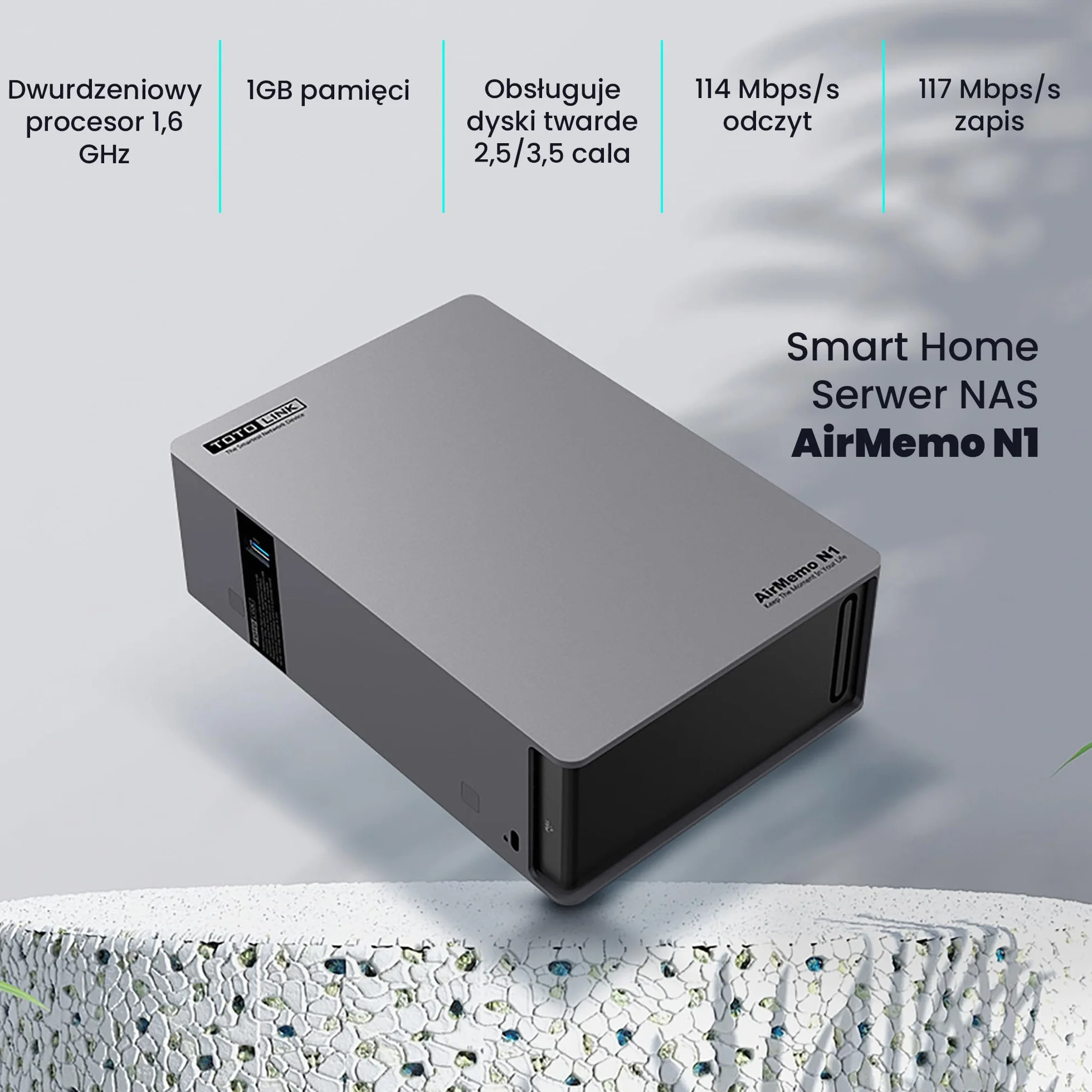 Serwer NAS, 1 SATA, 2 GB RAM, 1 RJ45 1000 MB/s, 1 USB 3.0, procesor dwurdzeniowy 1,6 GHz, zdalny dostęp, automatyczna kopia zapasowa telefonu, Kompatybilny z Androidem, iOS, Windows